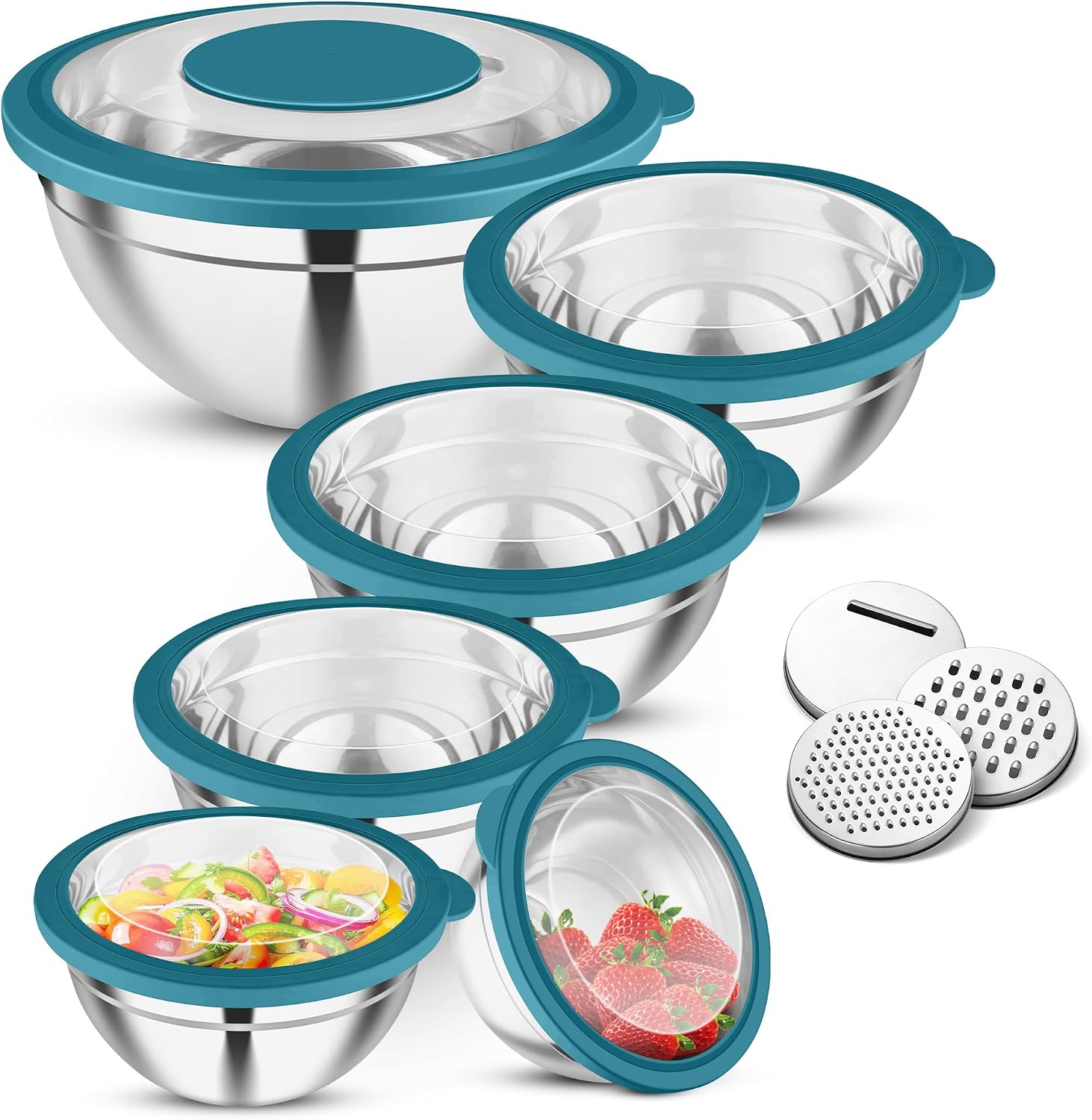 Joyfair 6-Piece Stainless Steel Mixing Bowl Set with Transparent Lid & Grater Attachments (6, Blue)