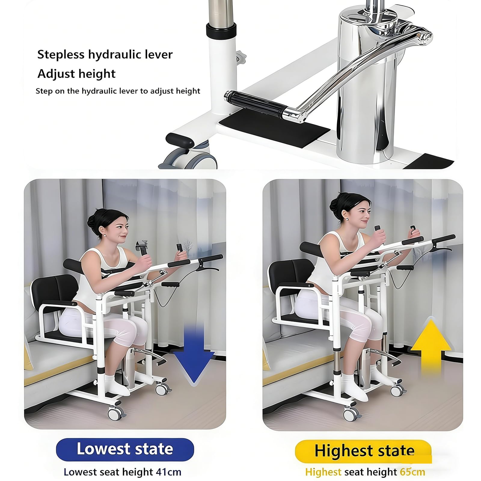 Silla de Transferencia elevadora 5 en 1 para Pacientes Ancianos y Uso doméstico, portátil, con reposapiés de Altura Ajustable, Elevador hidráulico, abatible 180°, soporta hasta 200 kg Orange