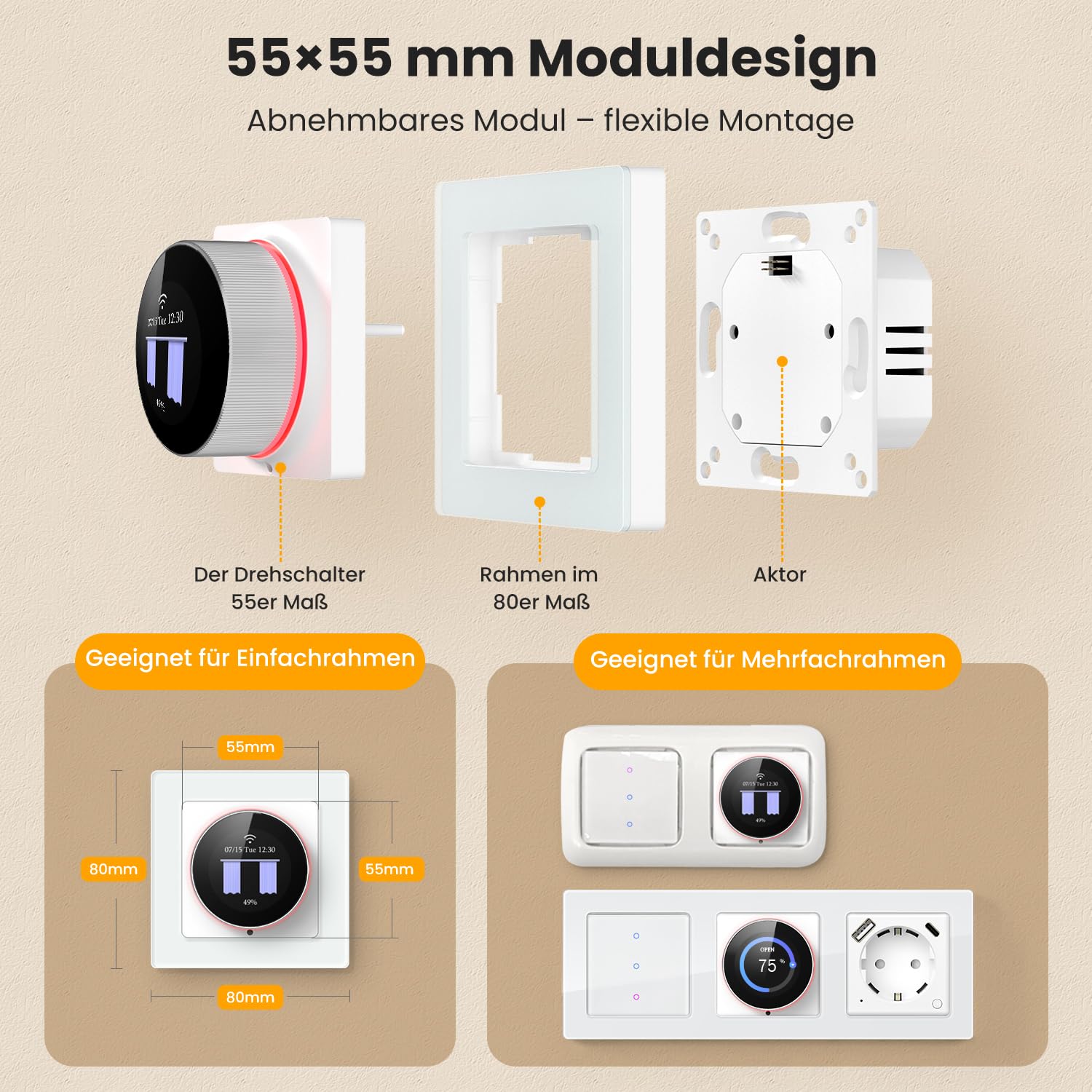 AVATTO Smart Rolladenschalter WLAN 55x55mm mit Prozentfunktion Kompatibel mit Alexa, Google Assistant，Steuerung der Rollläden/Jalousien/Markisen