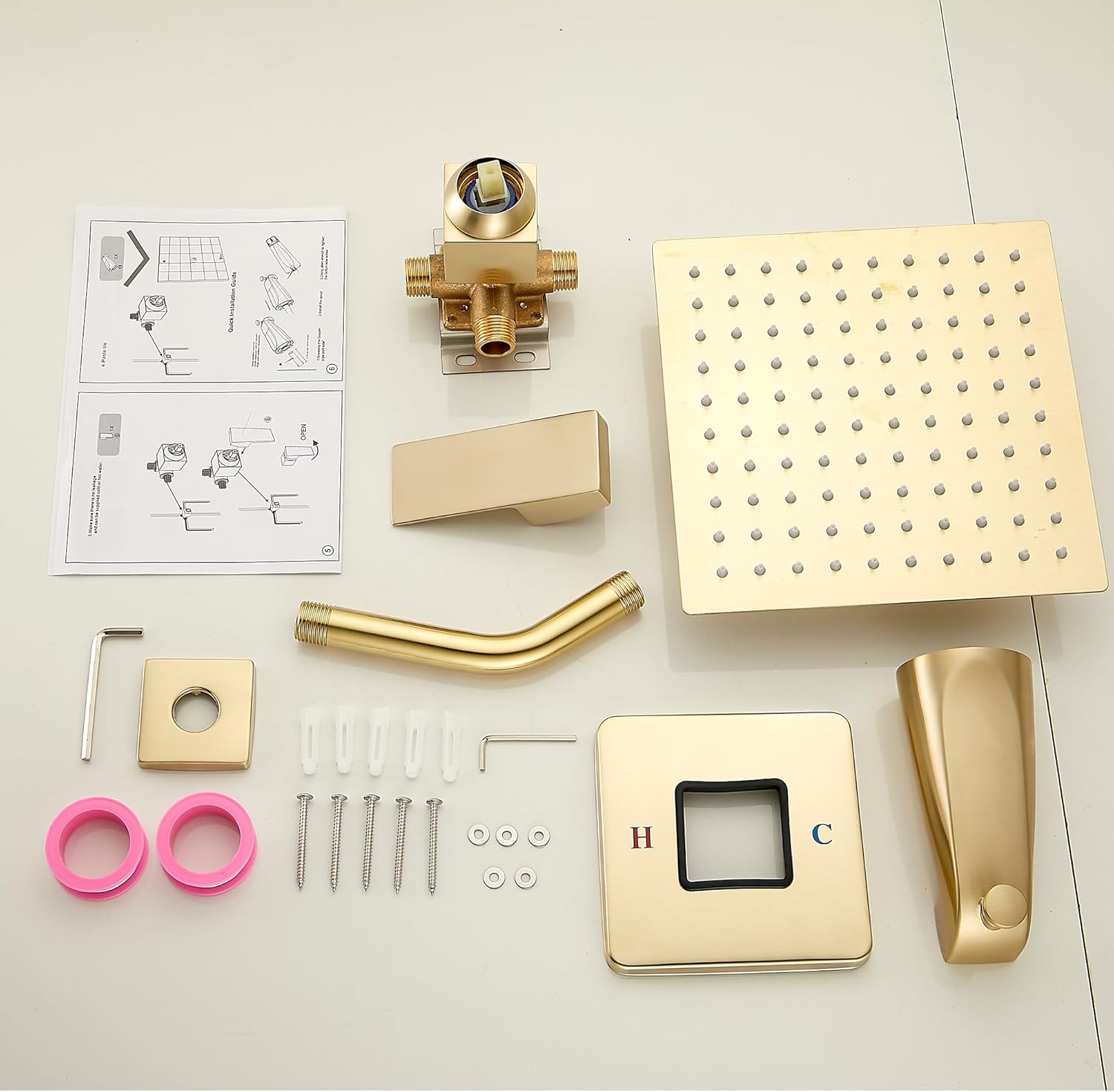 GGStudy Shower Faucet Set, Brushed Gold Tub Shower Faucet with 8 Inch Square Rainfall Shower Head and Tub Spout Shower Tub Faucet Set Complete Included Shower ValveTub Shower Trim Kit