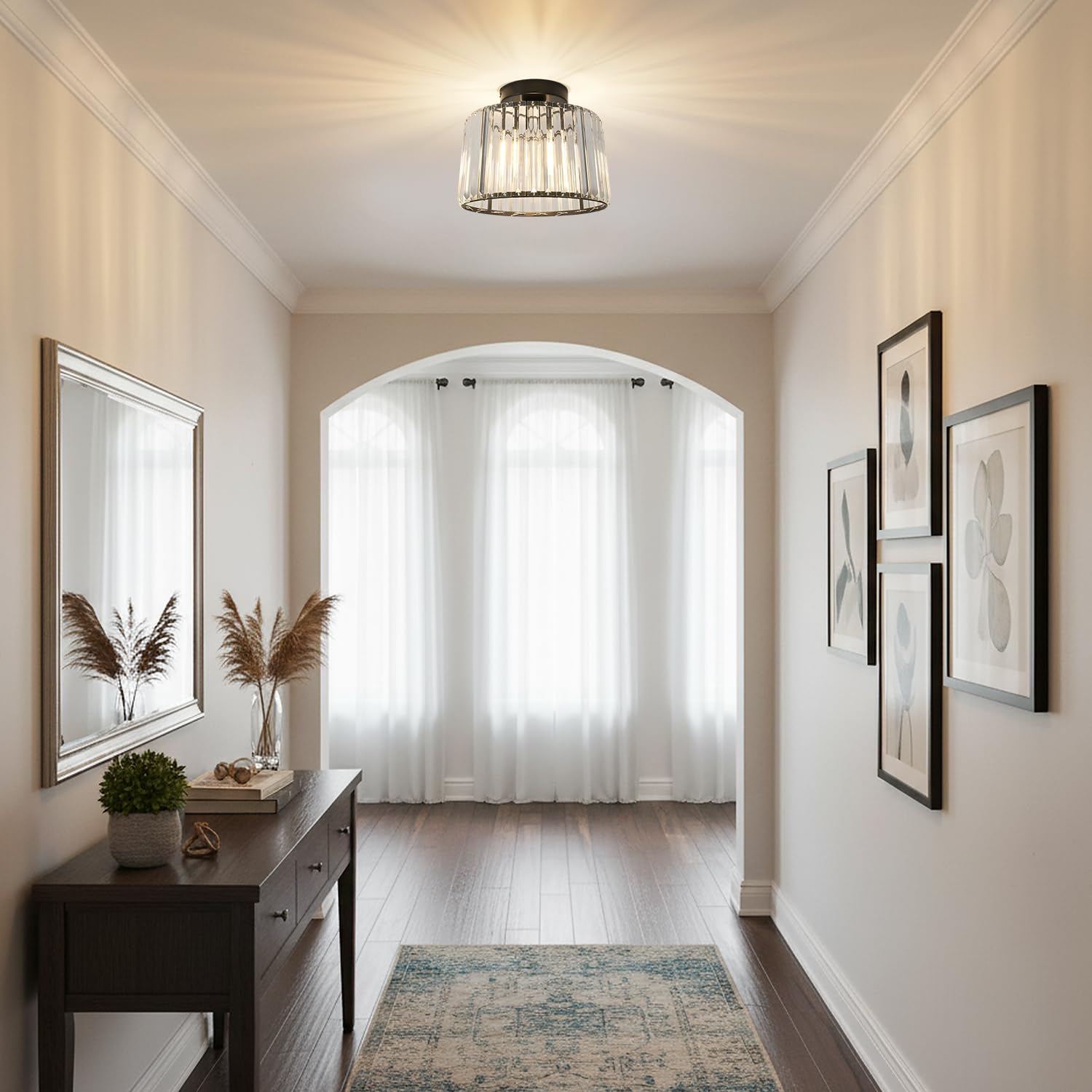 ANWIO Żyrandol Szklany Czarna Lampa Sufitowa z Kryształem E27 26,5CM