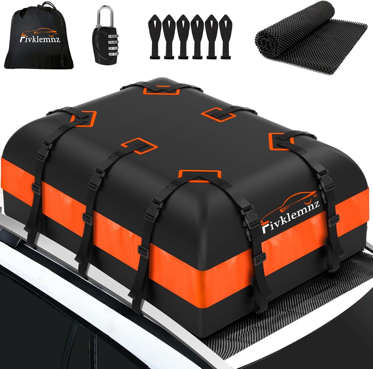 FIVKLEMNZ Dachbox Auto, Dachgepäckträger Tasche, Wasserdicht für alle Fahrzeugdächer mit/ohne Gepäckträger Inklusive Topper Anti-Rutsch-Matte + Verstärkte Gurte +6 Türhaken +Gepäckschloss(21 Kubikfuß)