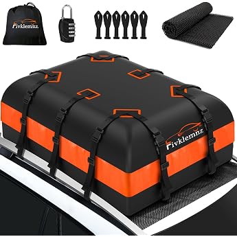 FIVKLEMNZ Car Roof Box Roof Rack Bag Waterproof for All Vehicle Roofs with/without Pannier Rack Includes Topper Non-Slip Mat + Reinforced Straps + 6 Door Hooks + Luggage Lock 21 Cubic Feet