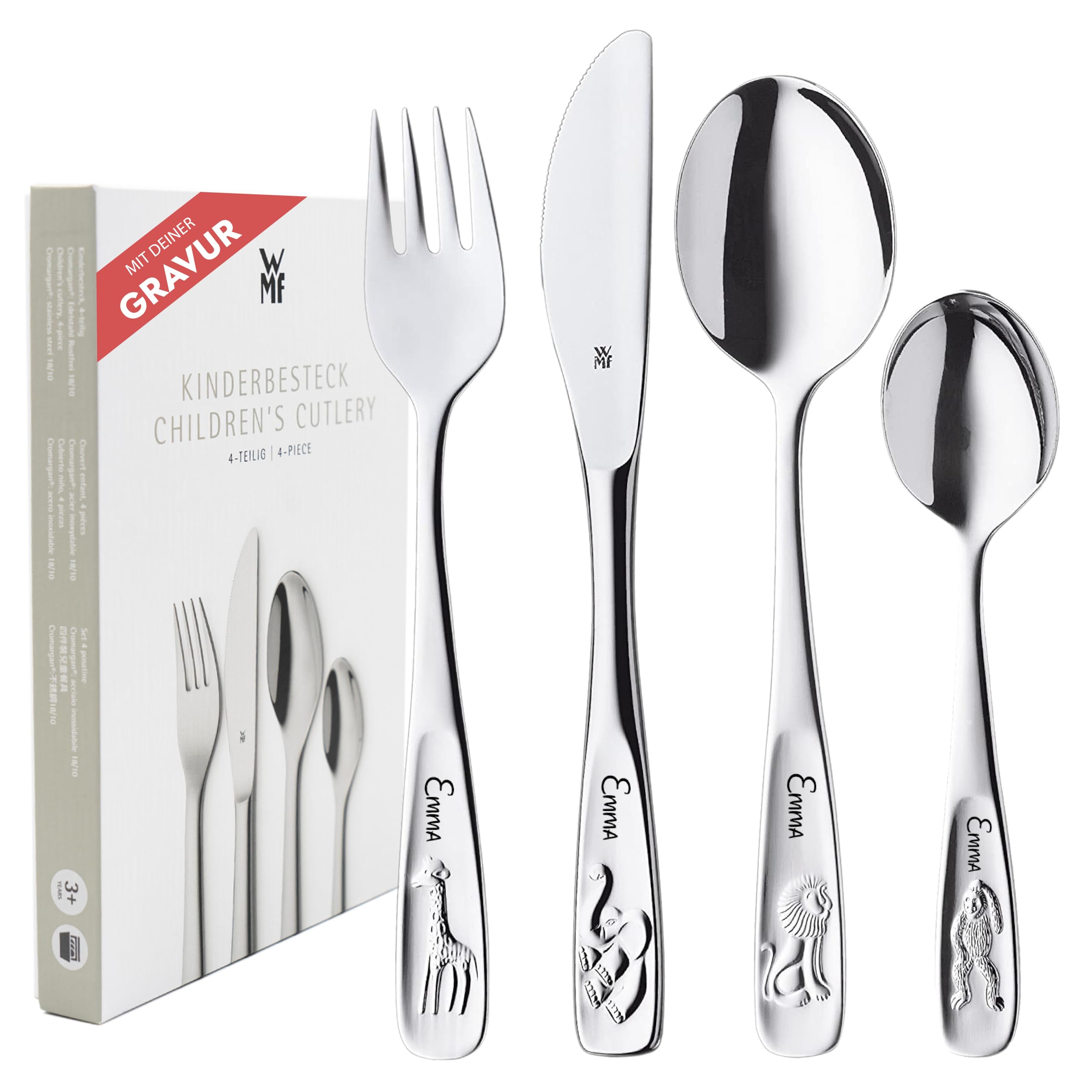 WMF Kinderbesteck mit Namensgravur,Edelstahl, 4-teilig, spülmaschinengeeignet – Geschenk zur Taufe, Taufgeschenke für Mädchen und Jungen, Kinderbesteck mit Gravur