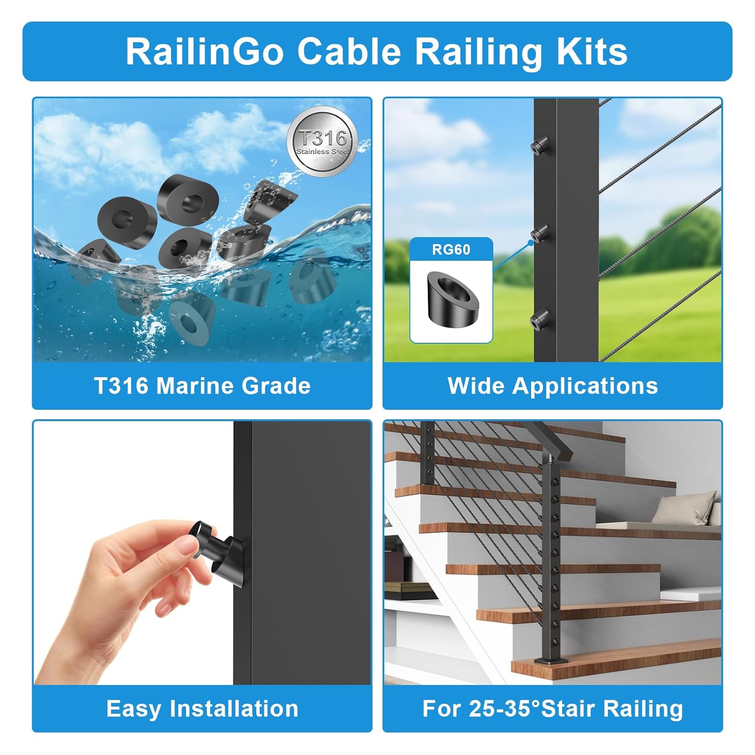 20 Pack Black 5/16" ID Angle Beveled Washer, 316 Stainless Steel 25 30 35 Degree Angle Washers for 1/8"&3/16" Cable Railing Kits, Marine Grade Deck Stair Railing Kit, Black Wire Railing, RG07