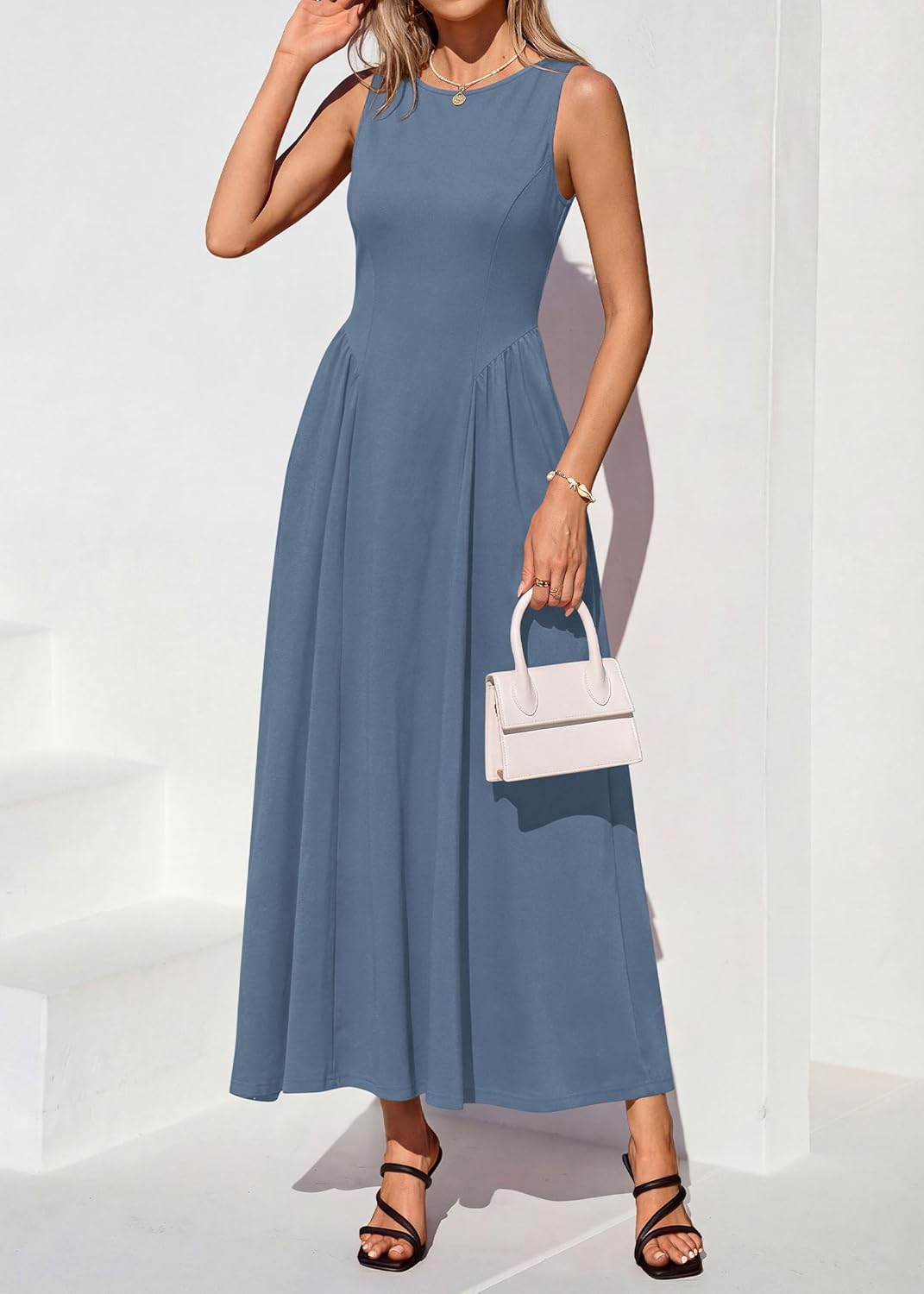 KIRUNDO Wedding Guest Dresses for Women 2026 Summer Semi Formal Work Sleeveless Elegant Boat Neck Flowy A Line Maxi Dress