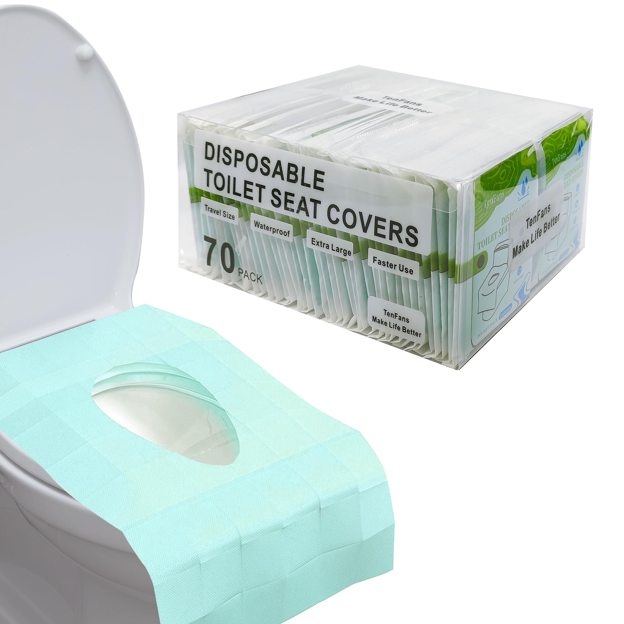 TenFans Lot de 70 housses de siège de toilette jetables – Emballage de voyage individuel – Utilisation rapide sans autocollant – Housses imperméables XL pour adultes et enfants – Accessoires