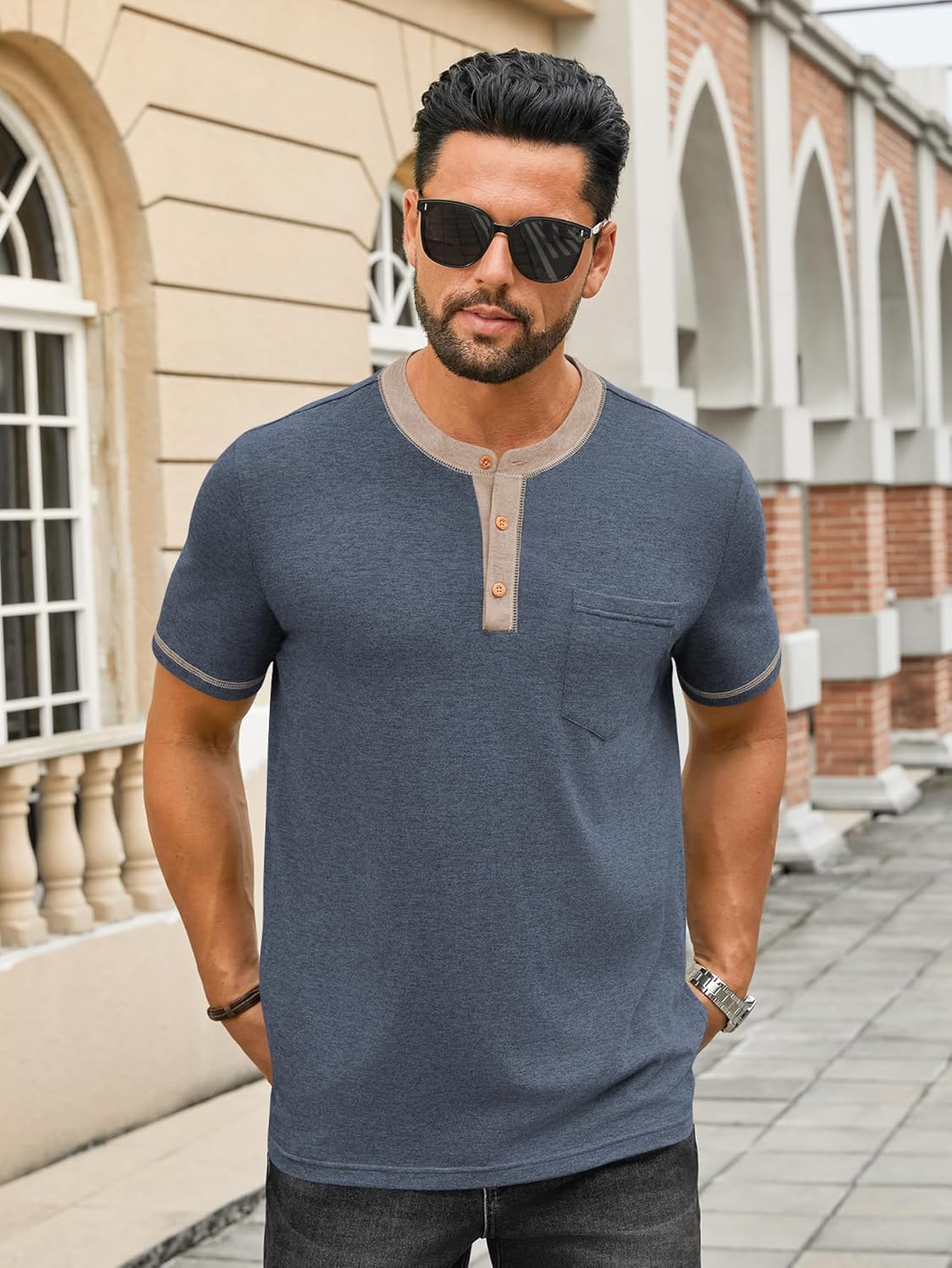 Hardaddy Men's Short Sleeve Henley Shirts Casual Color Block T-Shirts Button Henley Tee with Pocket - Image 2