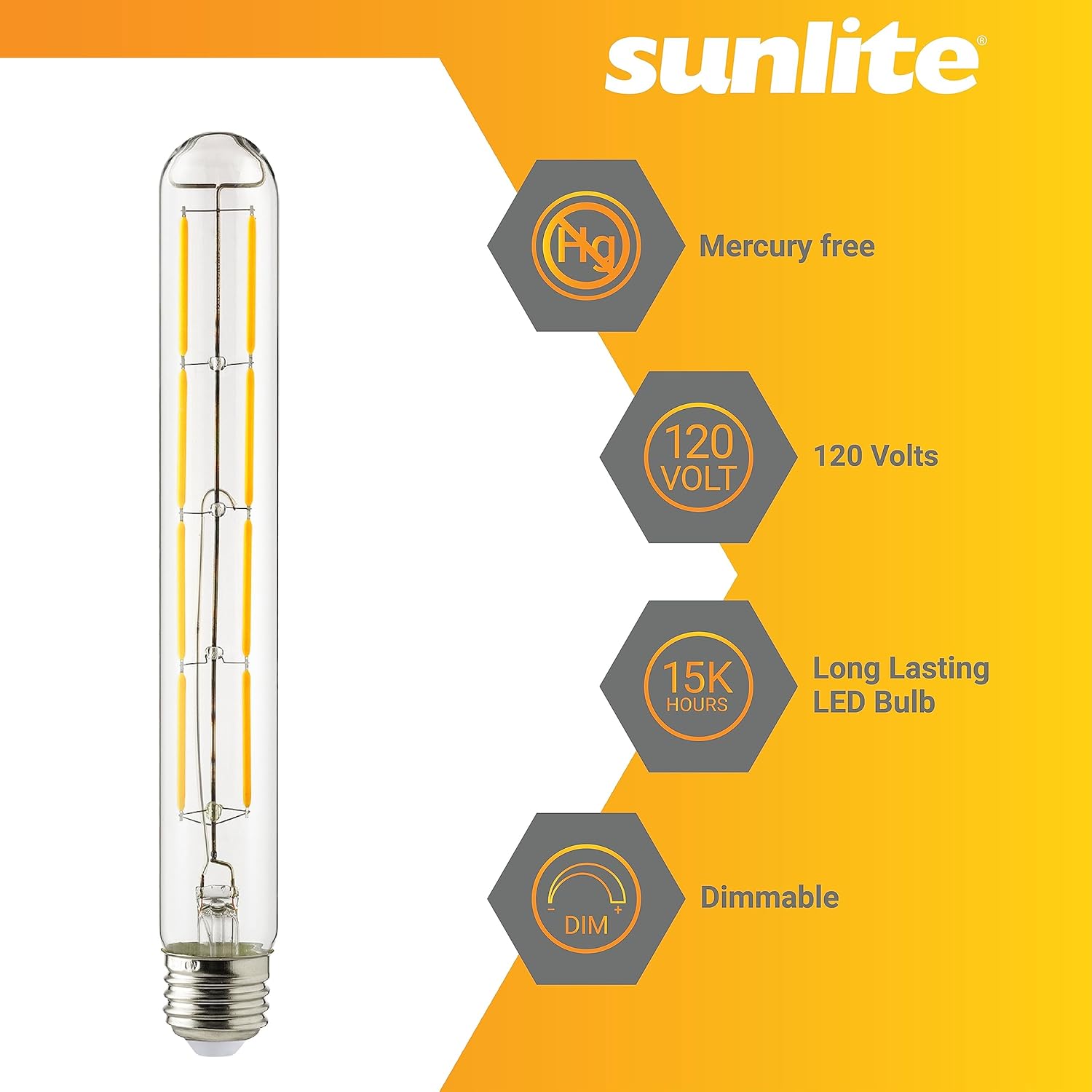 Sunlite 80621 LED Filament T10 Tubular Light Bulb, 6 Watts (60W Equivalent), 570 Lumens, Medium E26 Base, 120 Volts, Dimmable, 90 CRI, UL Listed, Clear, Title-20 Compliant, 2700K Soft White, 5 Pack