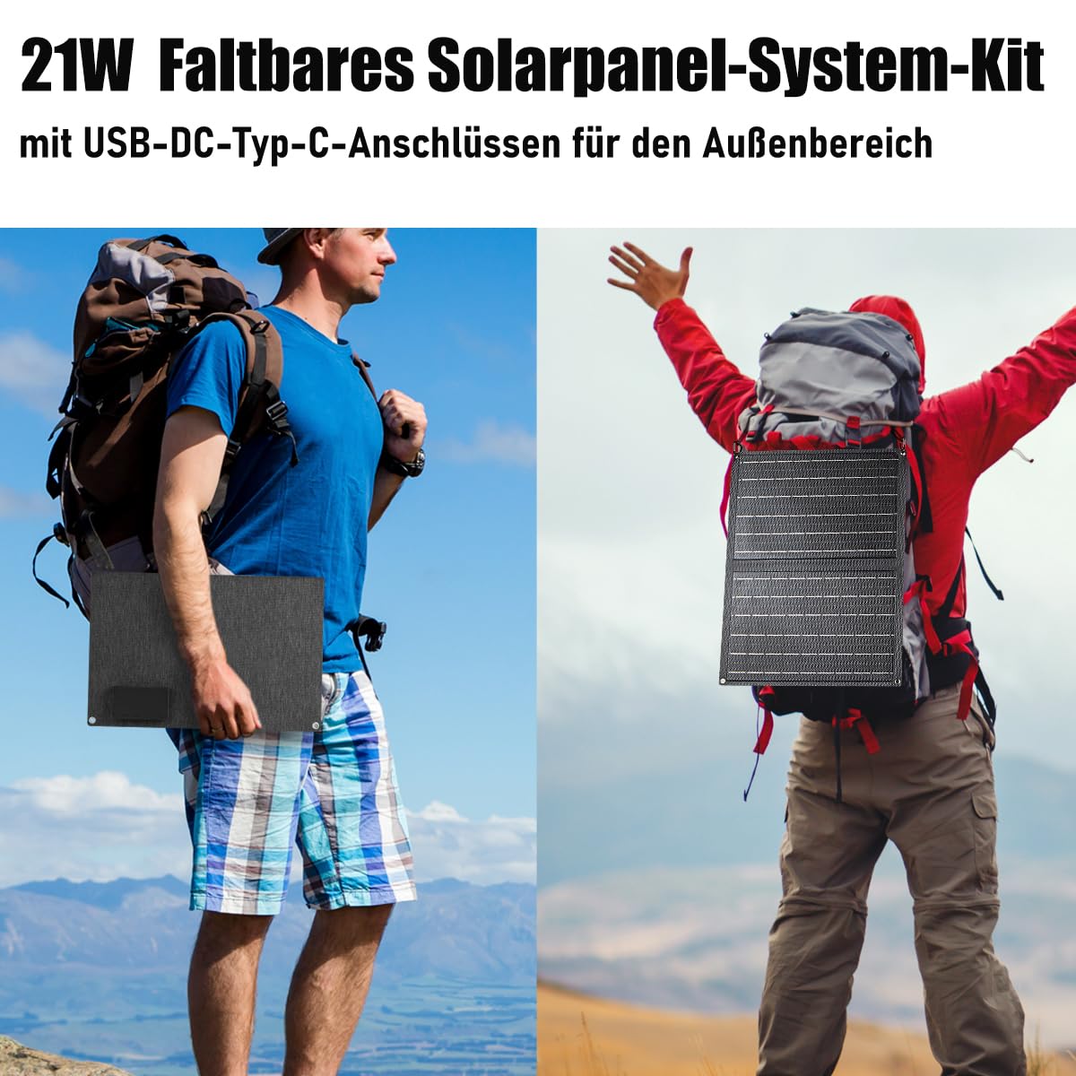 Pannello Solare Portatile 21W Piegaevole Caricatore, Efficienza 23%, Caricatore Rapido con Porte USB e Uscita DC 18V, Pannello Solare Pieghevole per Campeggio Viaggi all'Aria Aperta Emergenza
