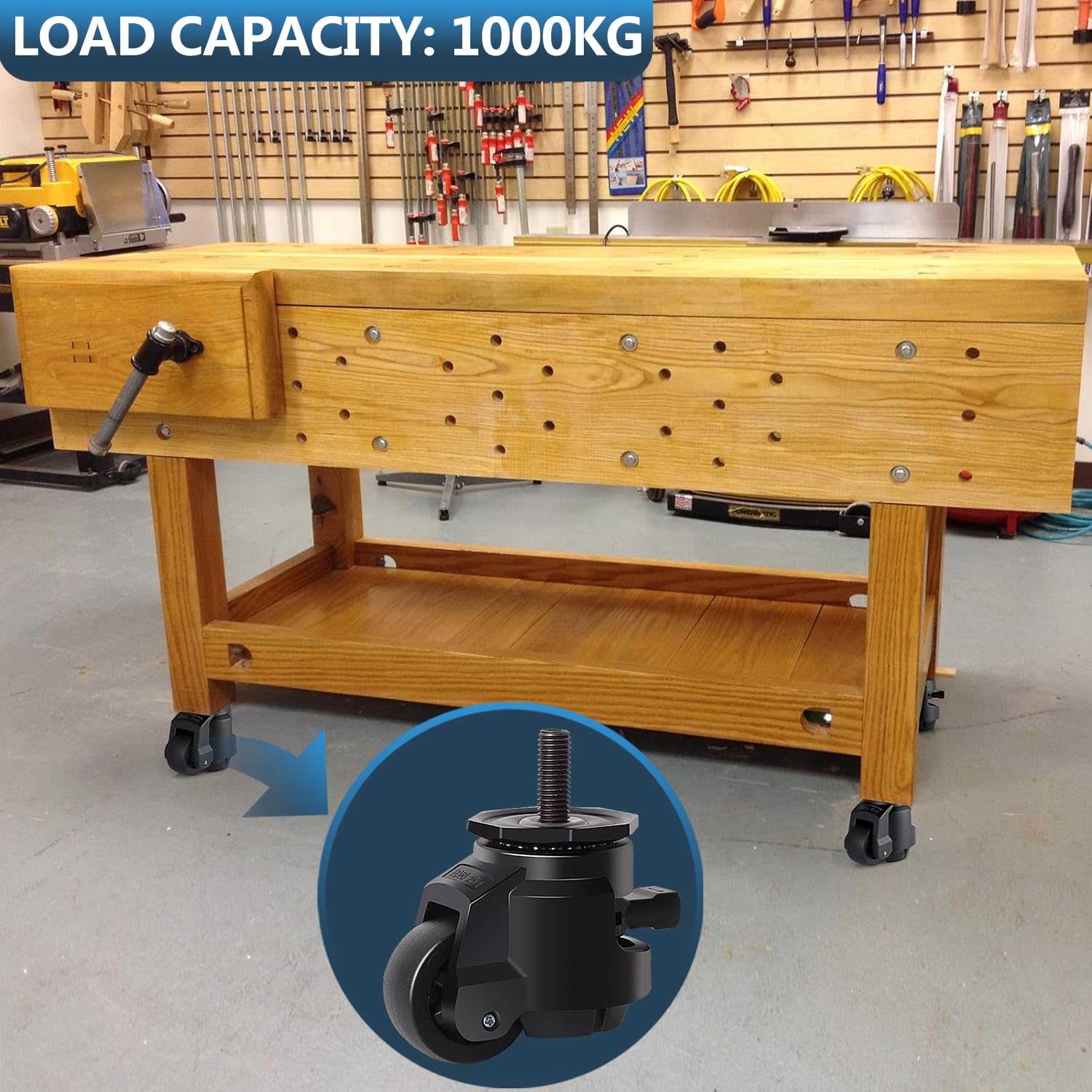 Rolki do dużych obciążeń M12 x 30 mm z regulowanym uchwytem zapadkowym, 4 kółka skrętne do 1000 kg, 50 mm, wysuwane kółka warsztatowe, kółka transportowe, kółka meblowe obracane o 360°, rolki