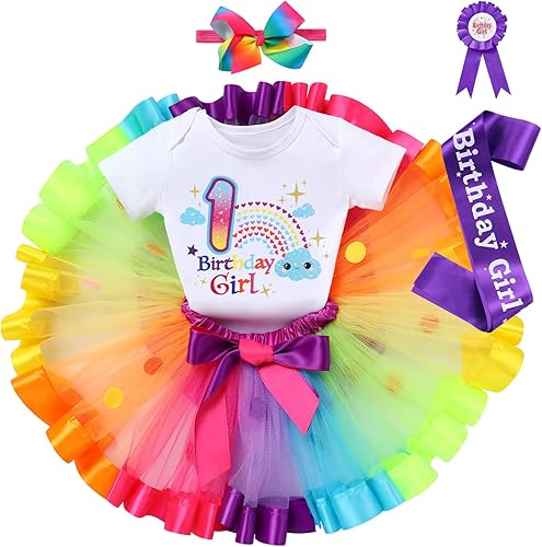 Miniatura 3 de IBTOM CASTLE Conjunto de falda de unicornio para bebé niña 1er 2do 3er cumpleaños, tutú arco iris, pastel de princesa, mameluco con diadema para