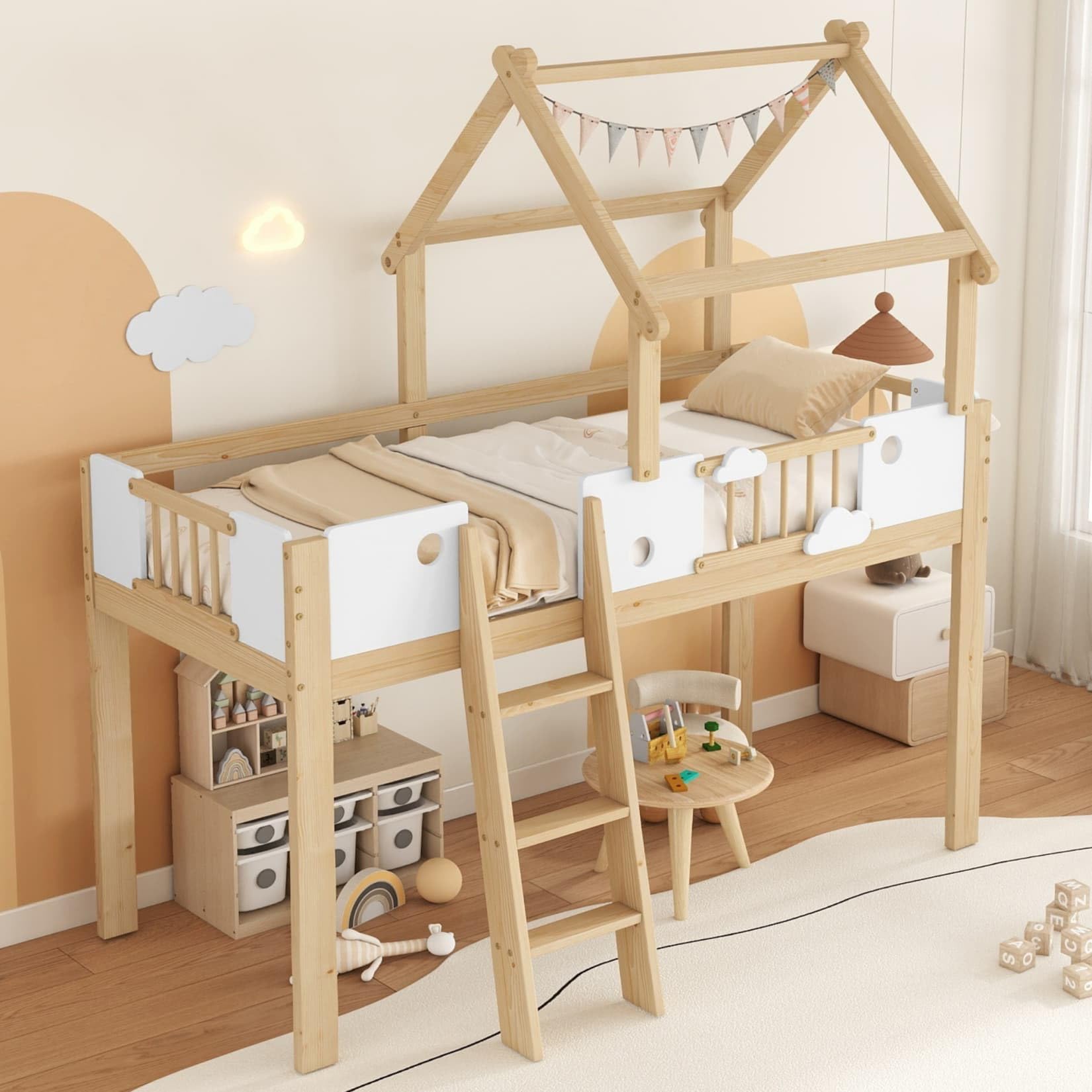 PUGSDRLY Lit Mezzanine Enfant 90x200cm avec Barrières,Lit Cabane Enfant avec échelle et Design Unique du Toit,Mi Hauteur,Cadre en Pin,Blanc+Naturel