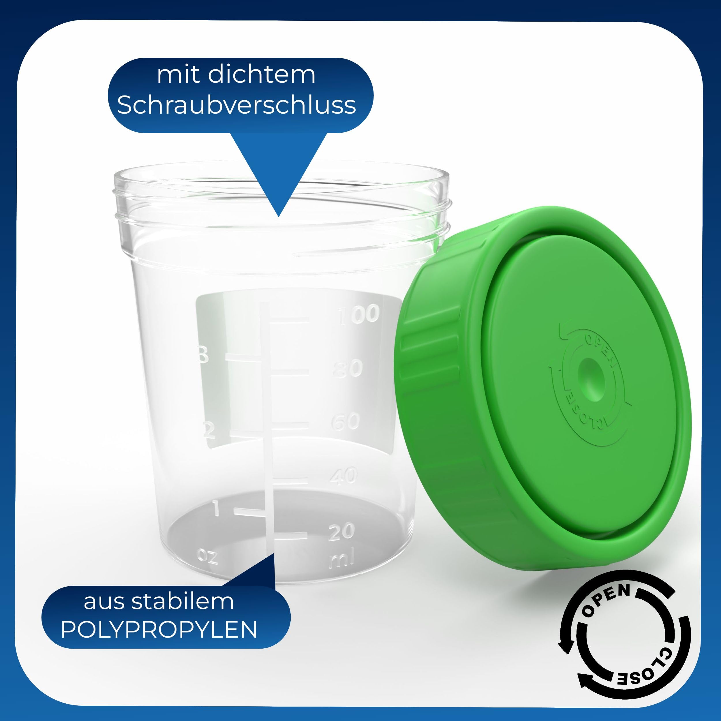 Urinbecher/Probenbecher mit Schraubverschluss 125ml Fassungsvermögen, Maßtabelle bis 100ml/3oz, beschriftbar (100Stk)