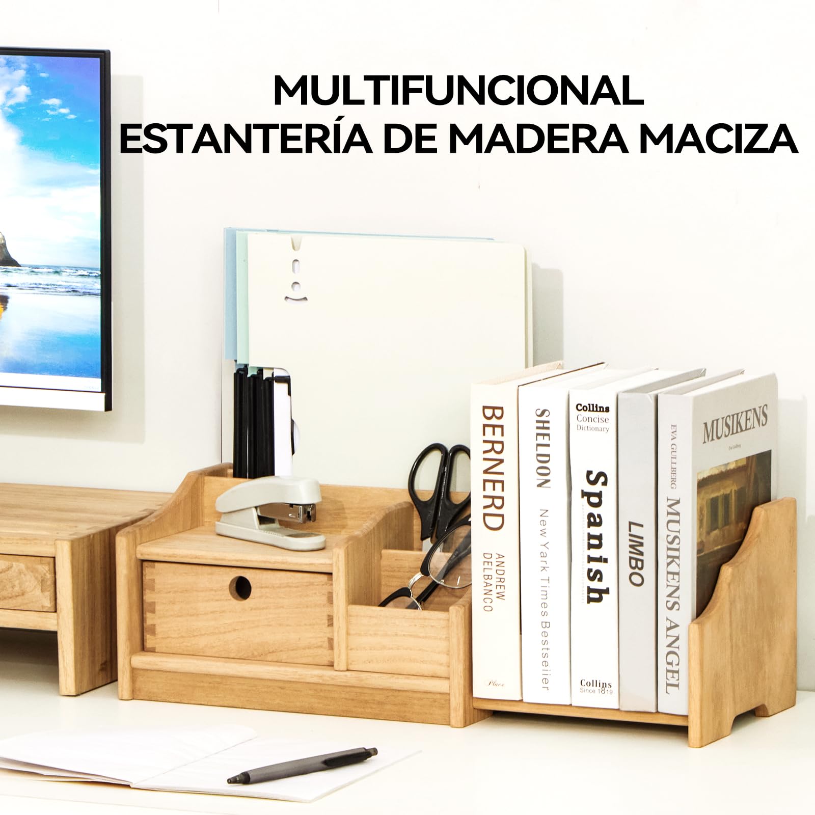 KIRIGEN Estantería de Madera, Organizador de Escritorio Ajustable, Natural