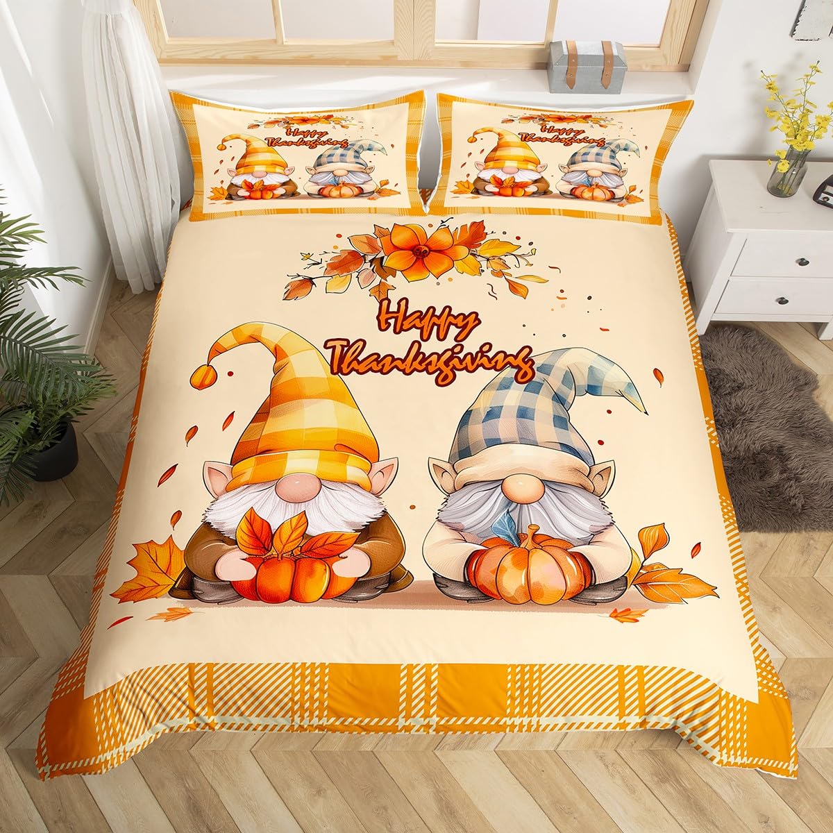 Parure de lit Thanksgiving pour lit simple motif nains et tournesols automnaux