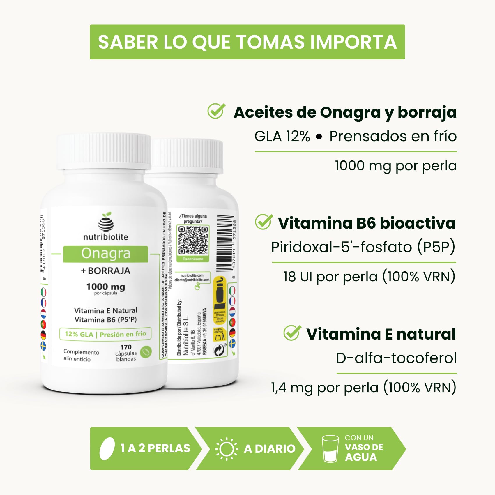 Aceite de Onagra y Borraja perlas 1000 mg - 12% GLA, Vitamina E Natural y B6 coenzimada (P5P) - Equilibrio Hormonal, SPM, Menopausia y Salud de la Piel - 170 Perlas - Prensado en Frío | Nutribiolite