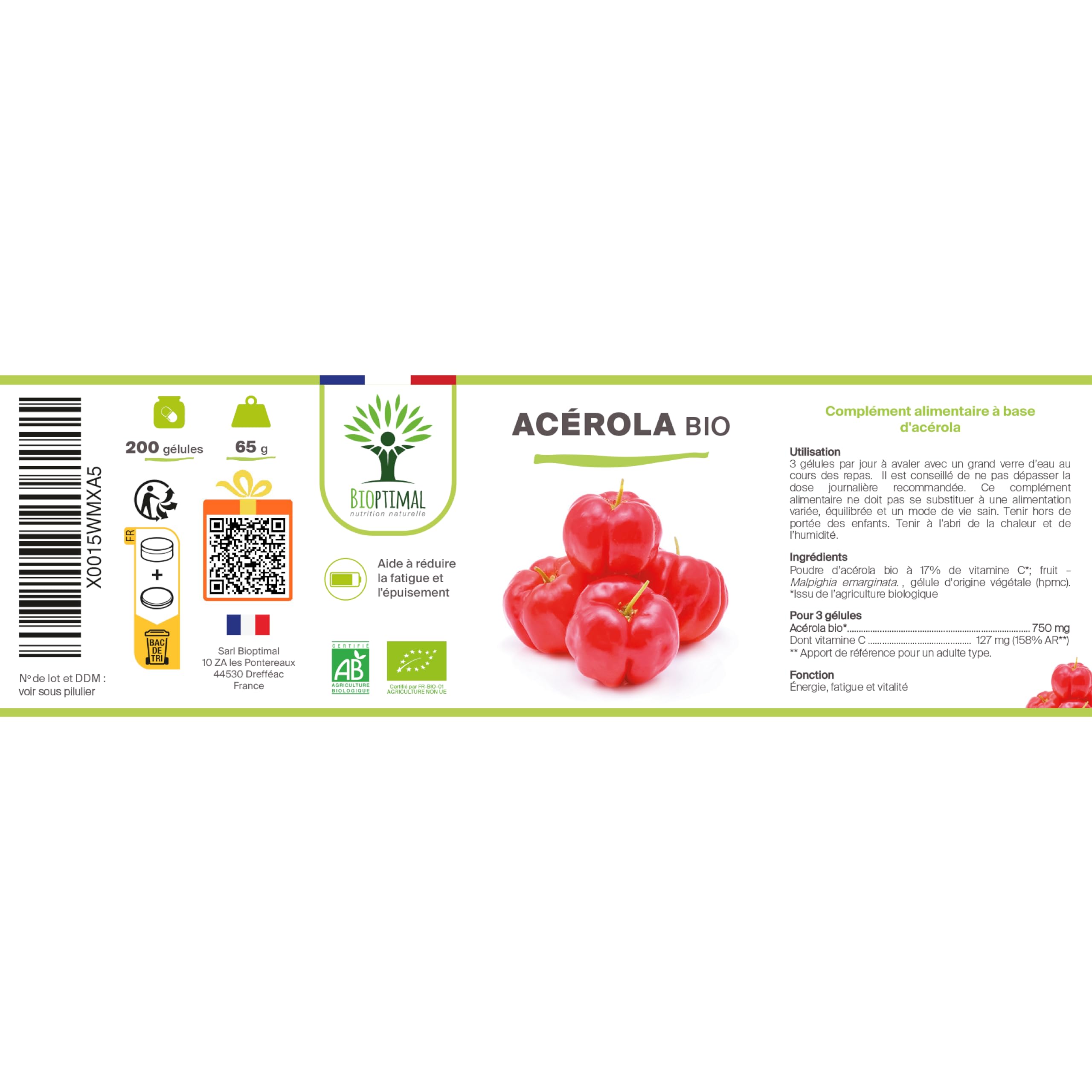 Acerola Bio - Bioptimal - Complément Alimentaire - Extrait d'Acérola en Gélule - 17% de Vitamine C Biodisponible - Anti-Fatigue Immunité - Fabriqué in France - Certifié par Ecocert - 200 gélules