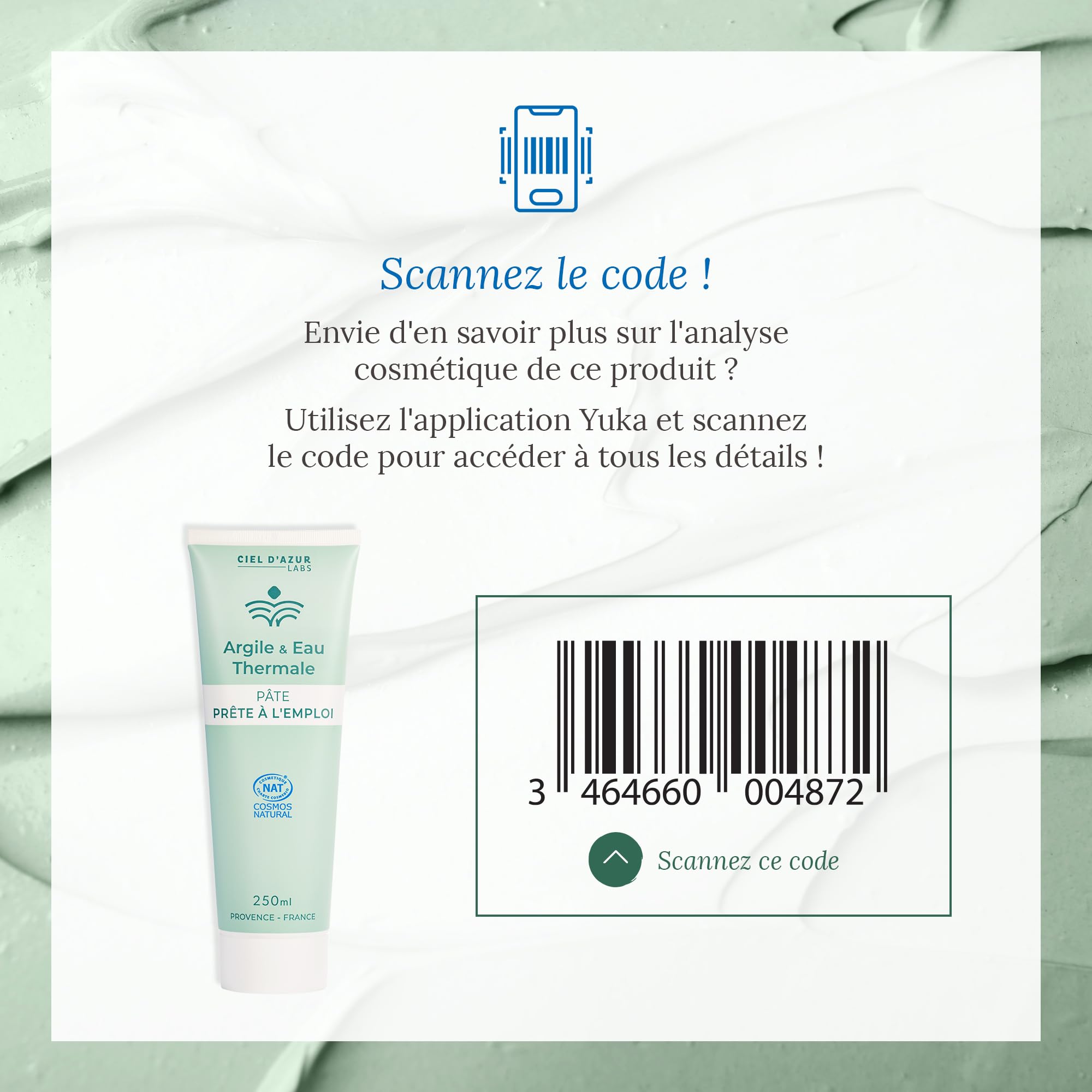 Ciel d'Azur Labs - Pâte d'Argile Verte à l'Eau Thermale - Prête à l'Emploi, Idéale pour Cataplasme - Riche en Sels Minéraux et Oligo-Éléments - Certifié Naturel Cosmos Natural - Tube 250ml