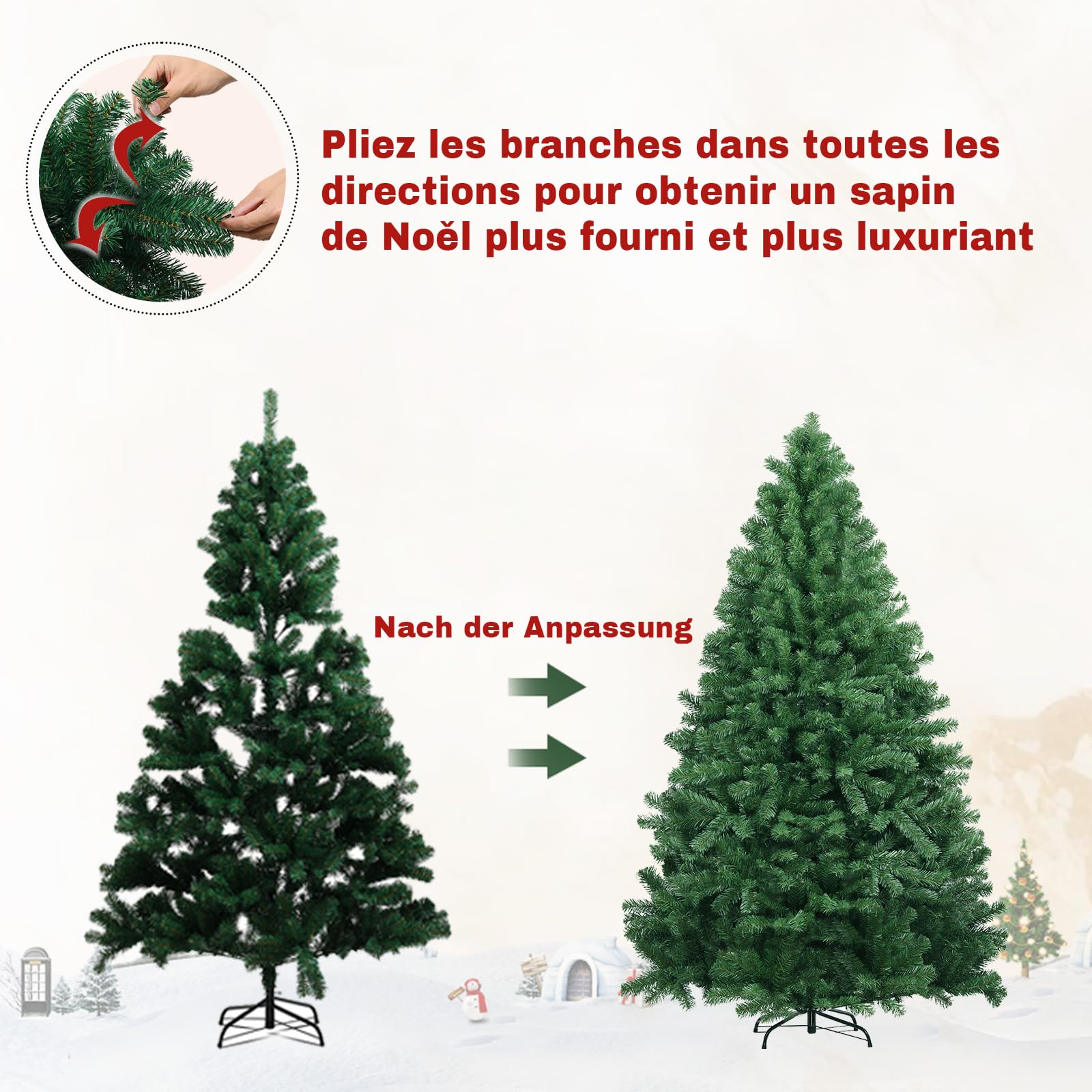 COMHOMA Sapin de Noël Artificiel Haut de Gamme 195cm avec Support - Système de Montage Rapide, Aspect Naturel et Épais - Inclut Cartes DIY et Rubans,Vert