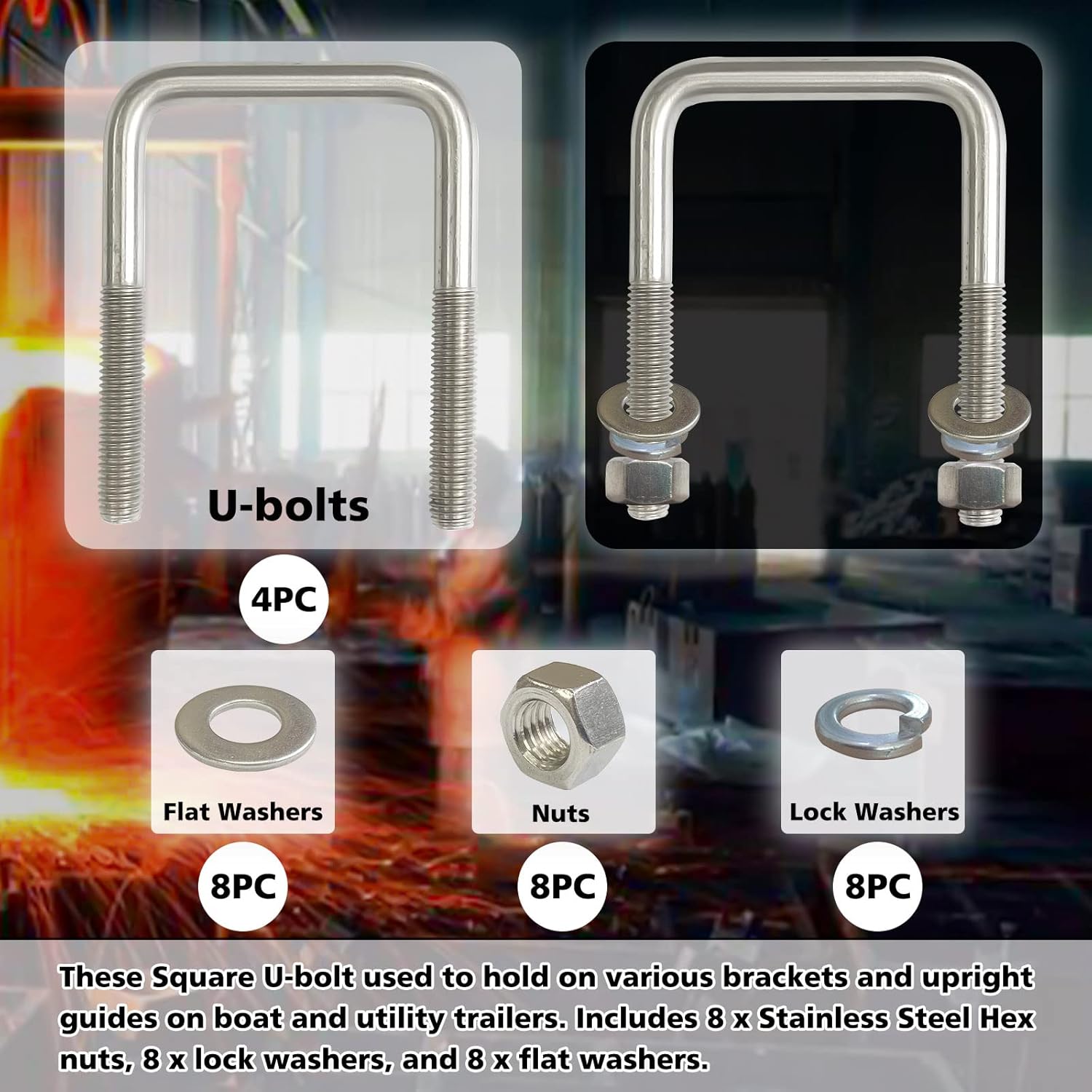 4Pack Square U-Bolt 1/2"-13 Thread Size, 304 Stainless Steel U Bolts 1/2" D x 3-1/16" W x 4-5/16" L with Washers & Nuts, for Replacement Parts and Accessories for Ski Boat, Fishing Boat