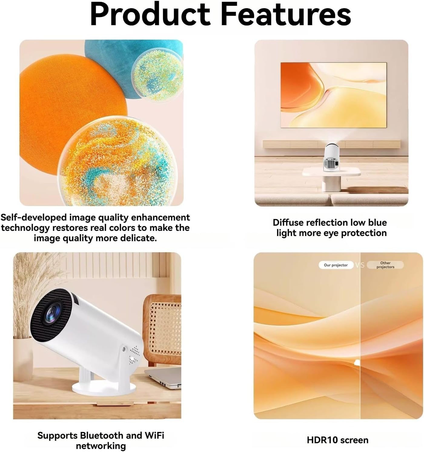 Mini proiettore Intelligente da 210°, proiettore di Film Intelligente 4K, Altoparlante Integrato, WiFi e Bluetooth, Oltre 20 Scene di finestre, for Camera da Letto o Soggiorno