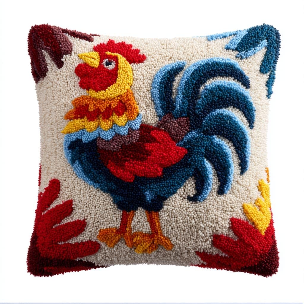 WallustrioaW DIY Latch Hook Pillow Kit,Rooster Pillowcase Kits Embroidery Kits 17X17 Inch DIY Needlework Pillow Cover Sofa Cushion Rug Making
