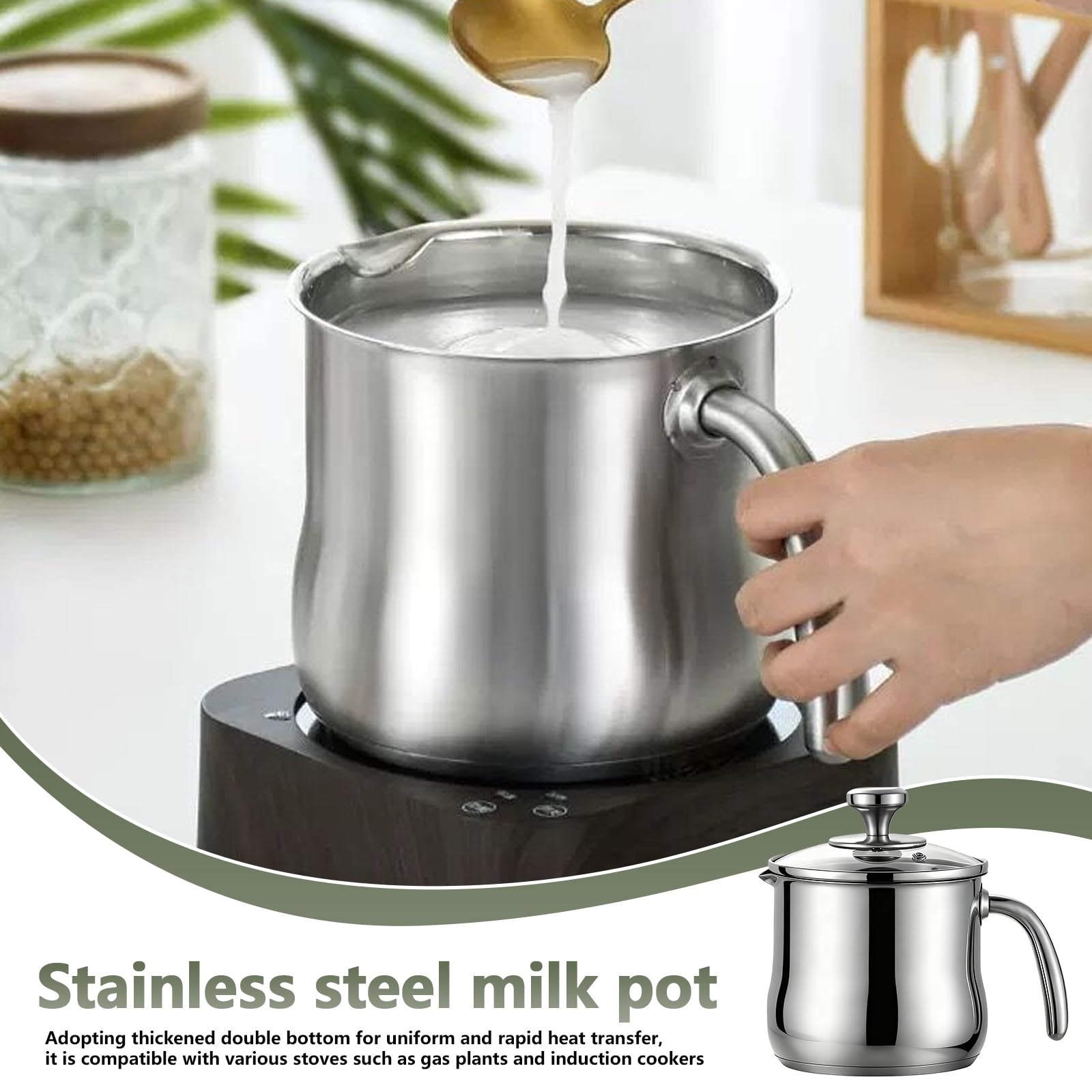 Pentola per latte in acciaio inox con coperchio e beccuccio, pentola a induzione con manico, pentola per budino, per gas elettrico e tutti i piani cottura