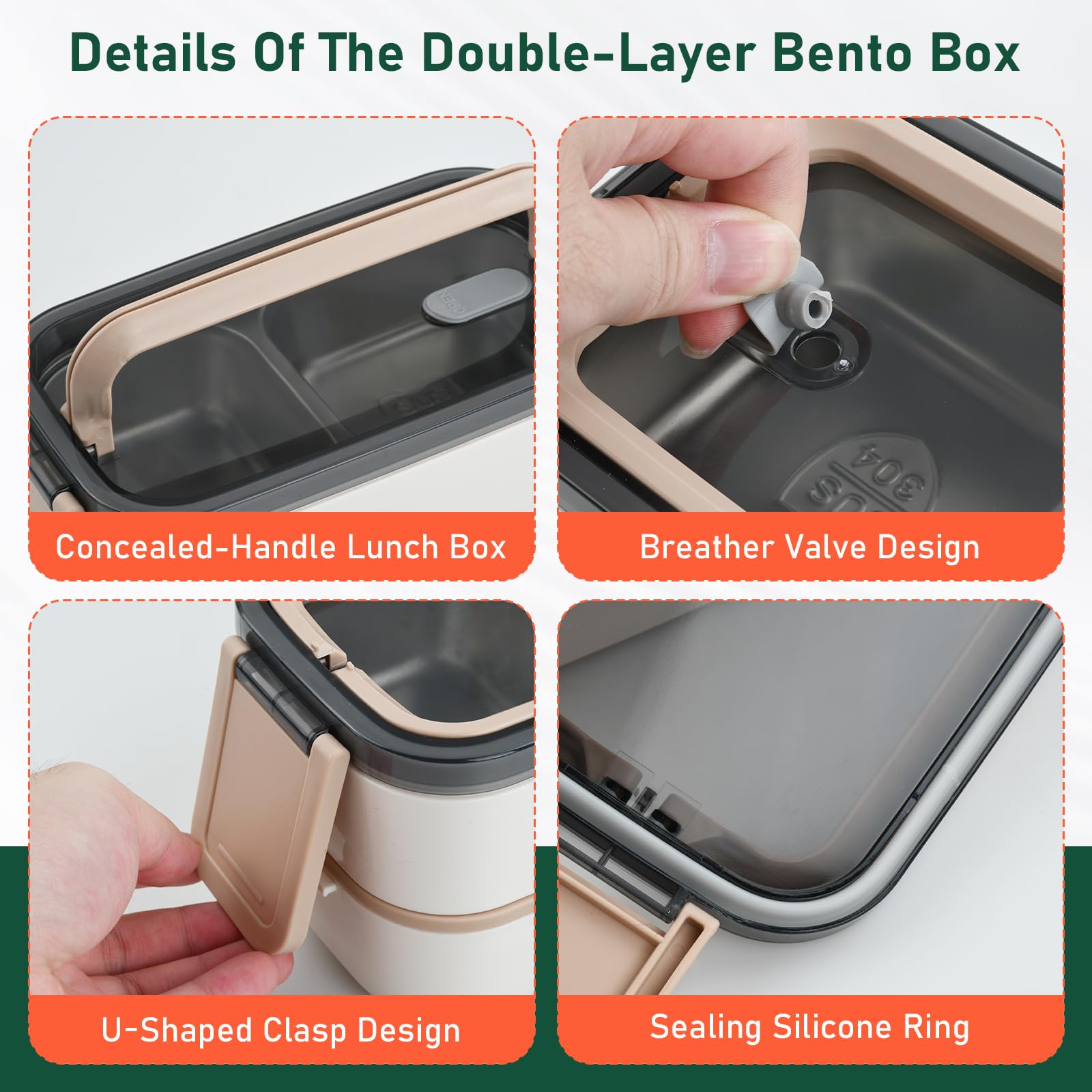 Bento Lunch Box 2 ripiani, 304 Acciaio inox Porta Pranzo Lunch Box Ermetico 1400 ml con scomparti, posate, senza BPA, Schiscetta Pranzo adatto al microonde, per Picnic Scuola Uffici