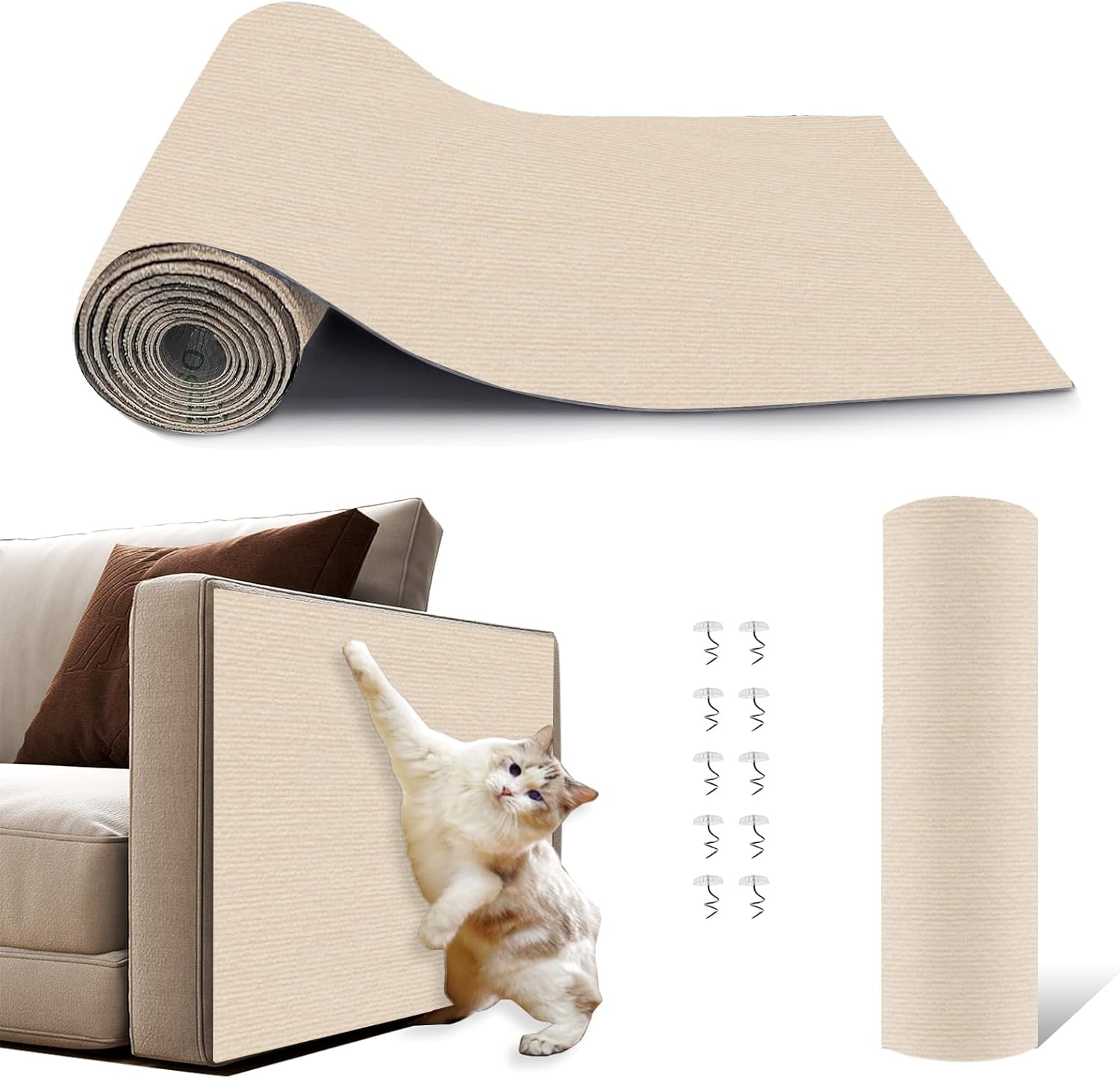 NATUYA Cat Scratcher Mat Furniture Protector – 200x40cm Self-Adhesive Trimmable Couch Protector, Cat Wall Scratcher, Replacement Pad for Cat Trees & Scratch Posts (Beige)