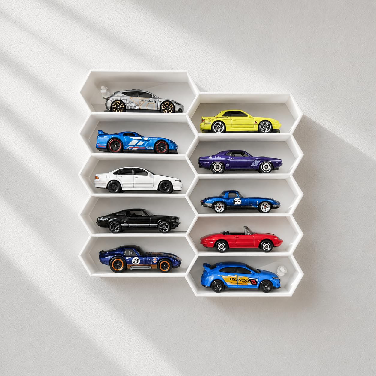 10-Car Hexagon Wall Display Rack for Hot Wheels & 1:64 Diecast Cars | Stackable Honeycomb Display Enclousure Shelf Organizer for Toy Car Collectors & Wall Decor (White)-image-17