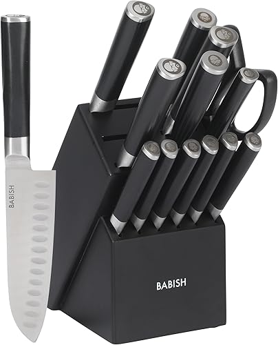 Babish De alto carbono 1.4116 acero alemán 15 piezas completo espiga forjado cubiertos cuchillo de cocina bloque conjunto - negro