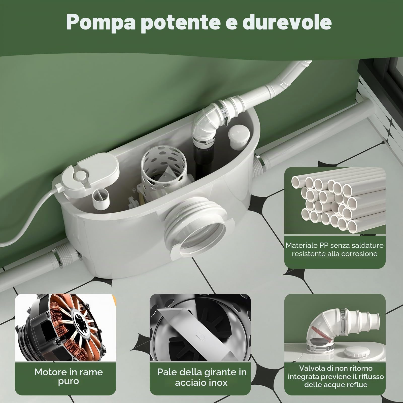 Pompa maceratrice, pompa tritureratrice per WC, con 4 ingressi per WC/cucina/lavandino/doccia da cantina, smaltimento acque reflue grigie, doppia deodorazione, motore in rame, 7 m/23 ft di prevalenza