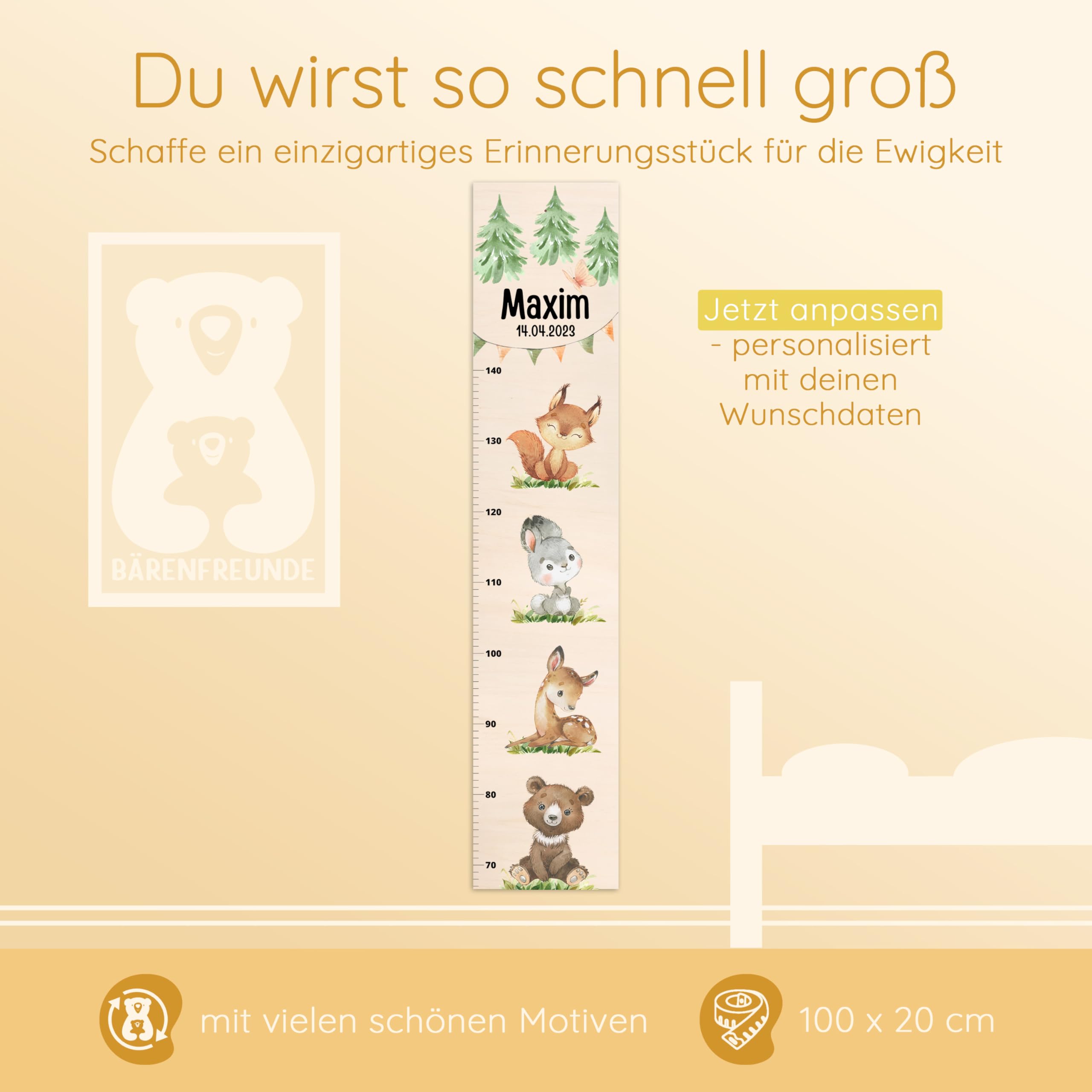 Bärenfreunde® - Personalisierte Messlatte Kind Holz zum Kleben oder Aufhängen - Skala 70-140cm - Süße Dekoration für Baby- & Kleinkinderzimmer (Kinder 70-140cm, Waldtiere übereinander)