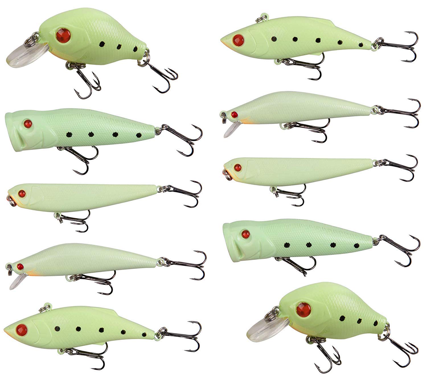 OROOTL Glow Fishing Lures Bait Kit - 5/10pcs Luminous Minnow Crankbait VIB Popper Pencil Night Hard Lure with Treble Hooks Tackle Box for Bass Saltwater Freshwater