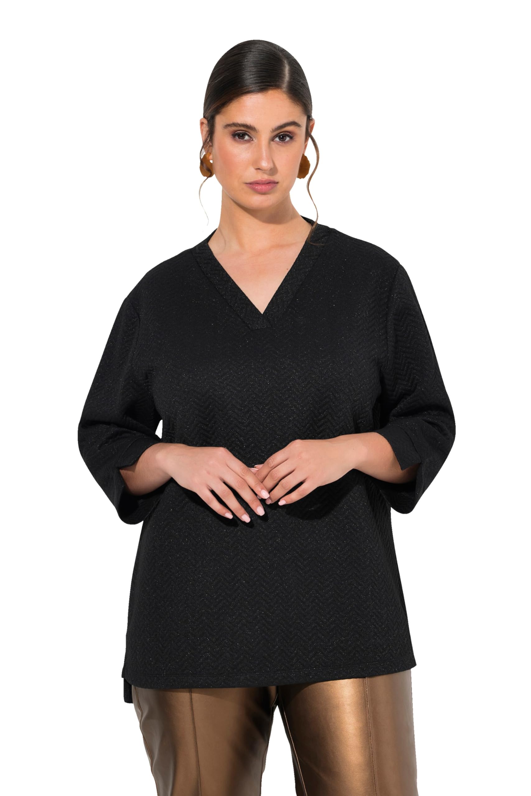 Ulla Popken Damen große Größen Übergrößen Plus Size Sweatshirt, Struktur, V-Ausschnitt, 3/4-Arm 833258