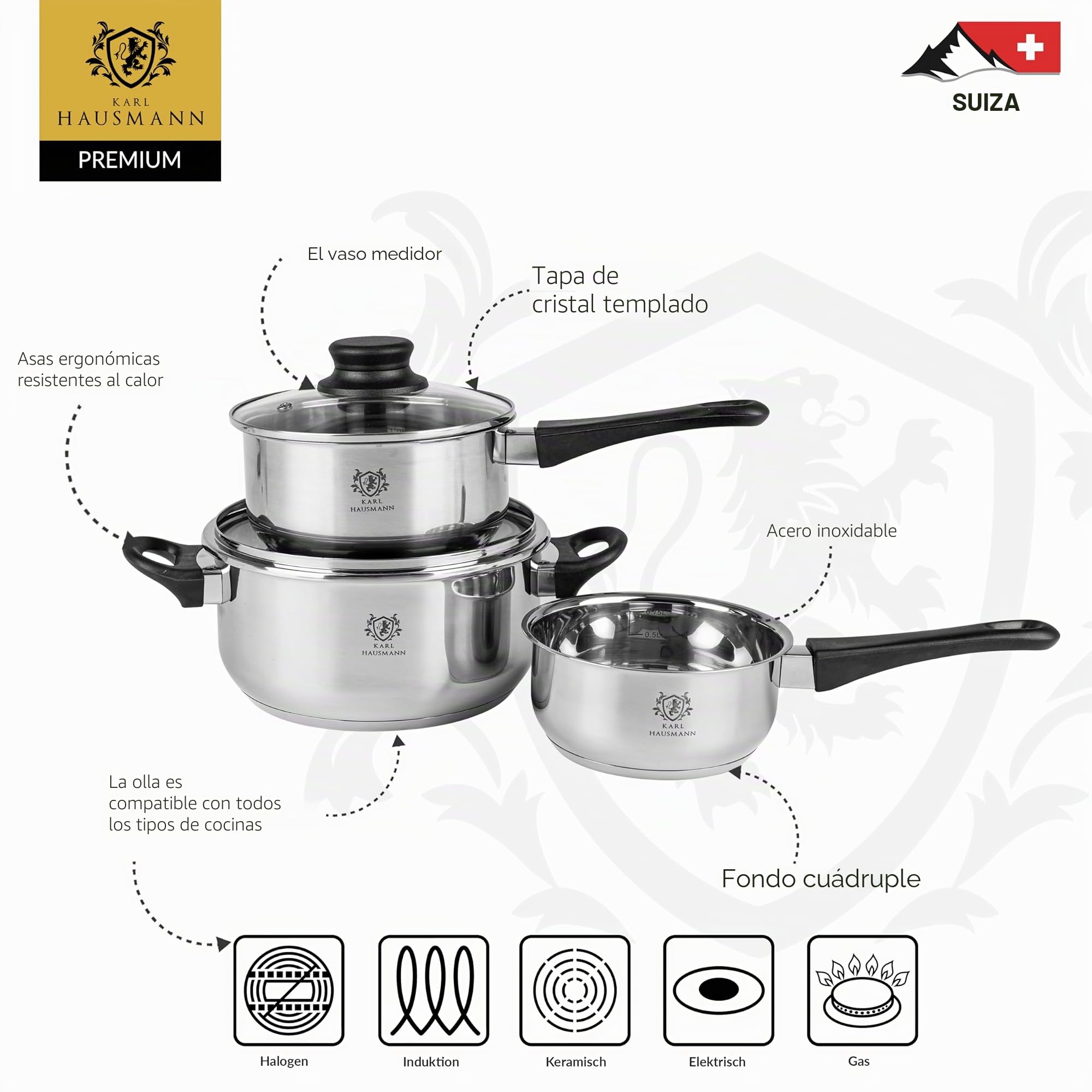 KARL HAUSMANN Juego de Ollas Acero Inoxidable - 3 Piezas - Bateria de Cocina de Acero Inoxidable con Tapas de Vidrio - Apta para induccion, Gas y Vitrocerámica - Set Ollasa