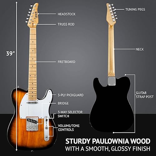 Miniatura 3 de LyxPro - Kit de guitarra eléctrica Telecaster de 39 pulgadas, amplificador de 20 vatios con altavoz, cuerpo sólido de tamaño completo, mástil en
