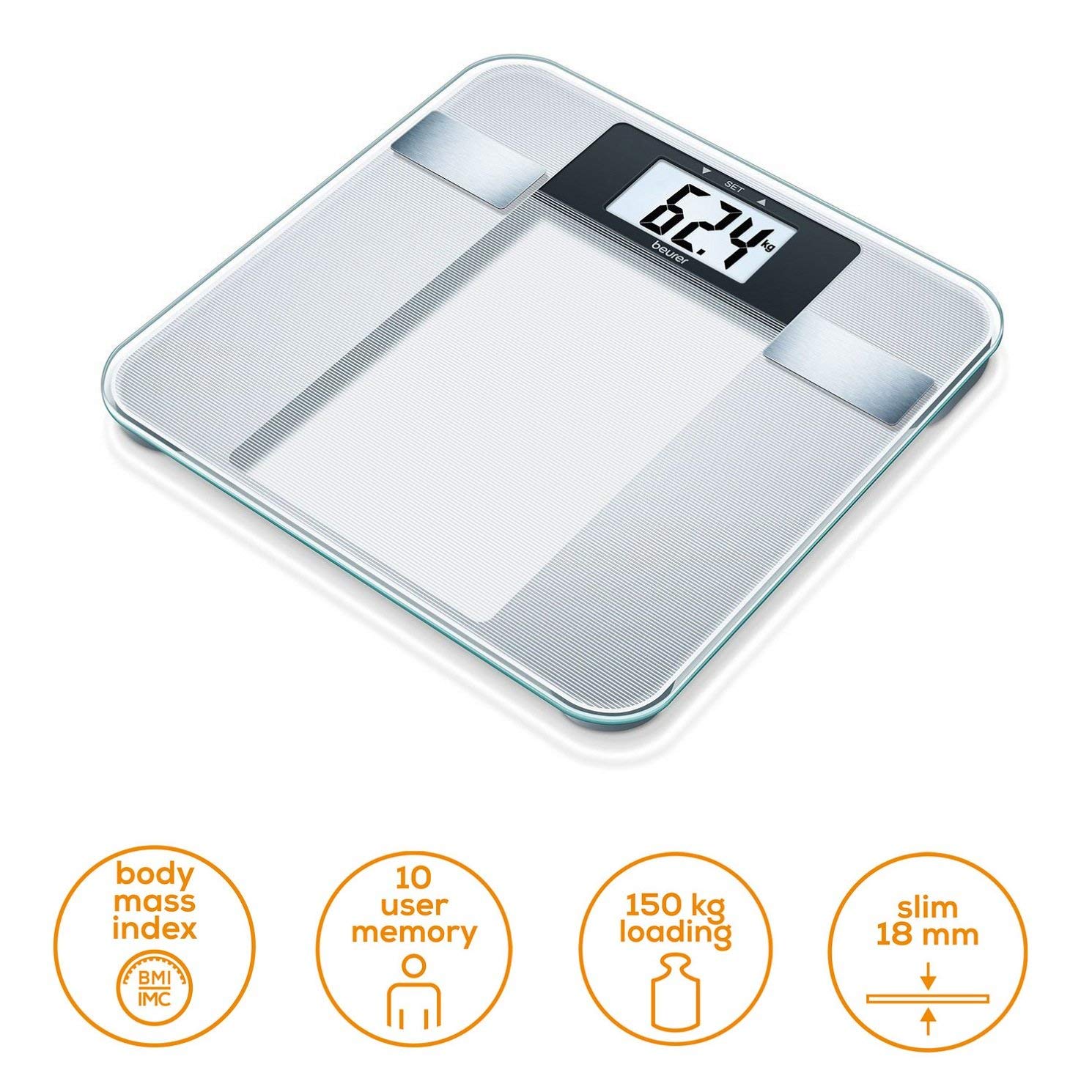 Beurer BG13 scale with icons for Body Mass Index, 10 user memory, 150 kg loading, and slim 18 mm design