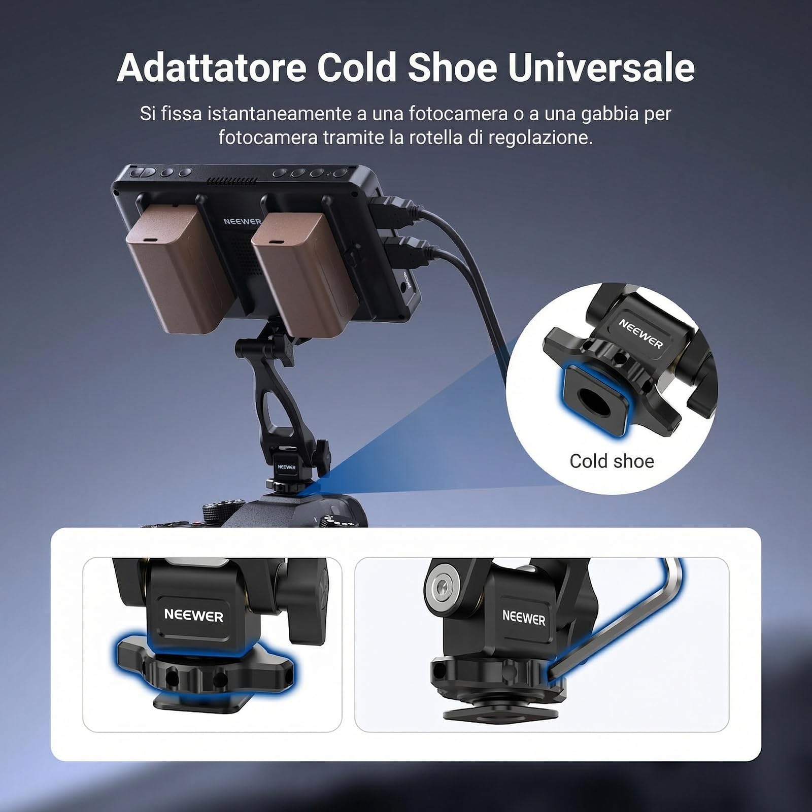 NEEWER Adattatore Monitor a 2 Assi, Supporto per Monitor da Campo 5"/7" con Cold Shoe, Vite Antitorsione 1/4", Rotazione 360° Inclinazione 180°, Accessori Fotocamera per Fotografia Videografia, MA023