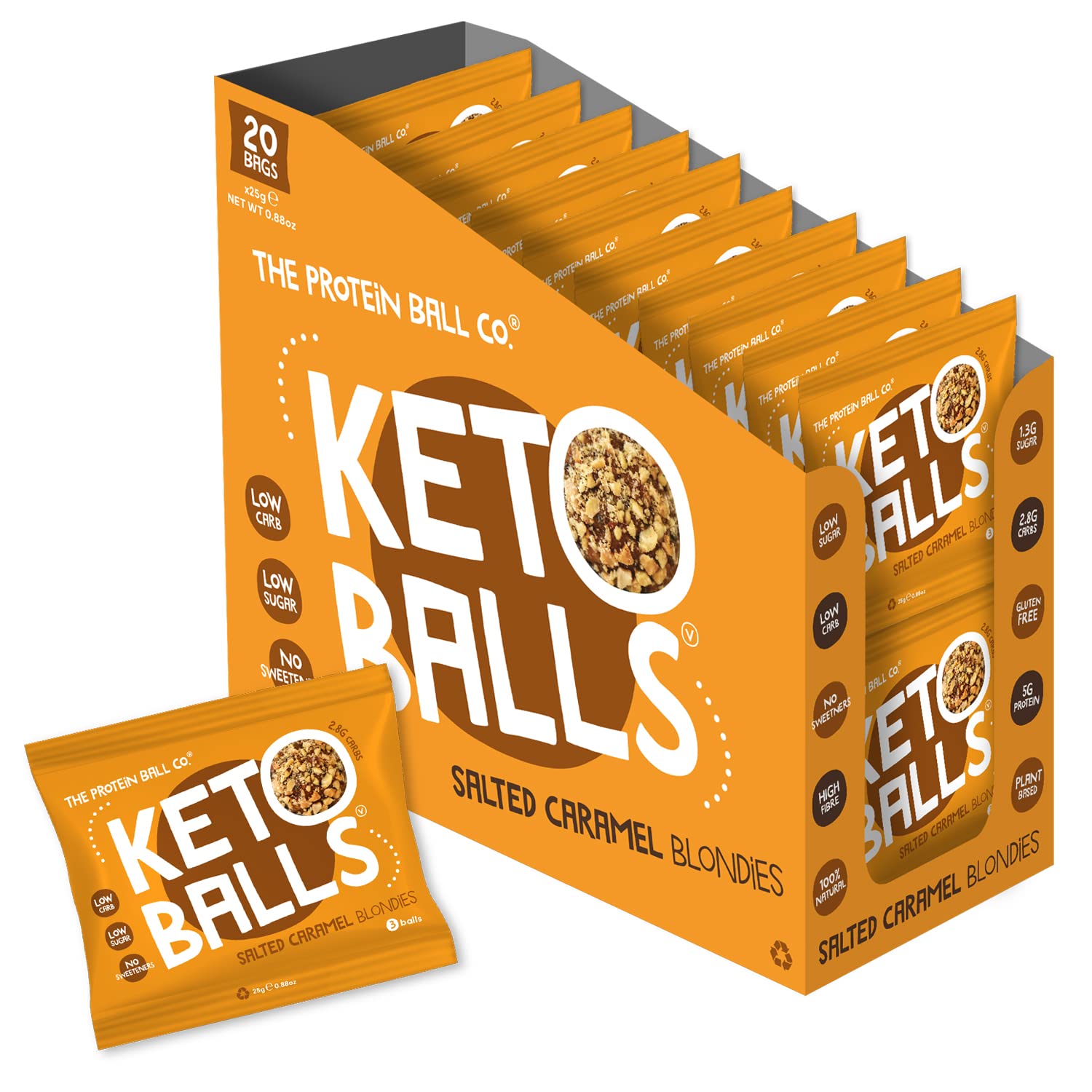 The Protein Ball Co Salted Caramel Low Sugar Protein Balls - Keto Friendly Snacks, Gluten-Free, Low Carb, Low Calorie Snacks - Healthy Energy Balls, Box of 20 bags