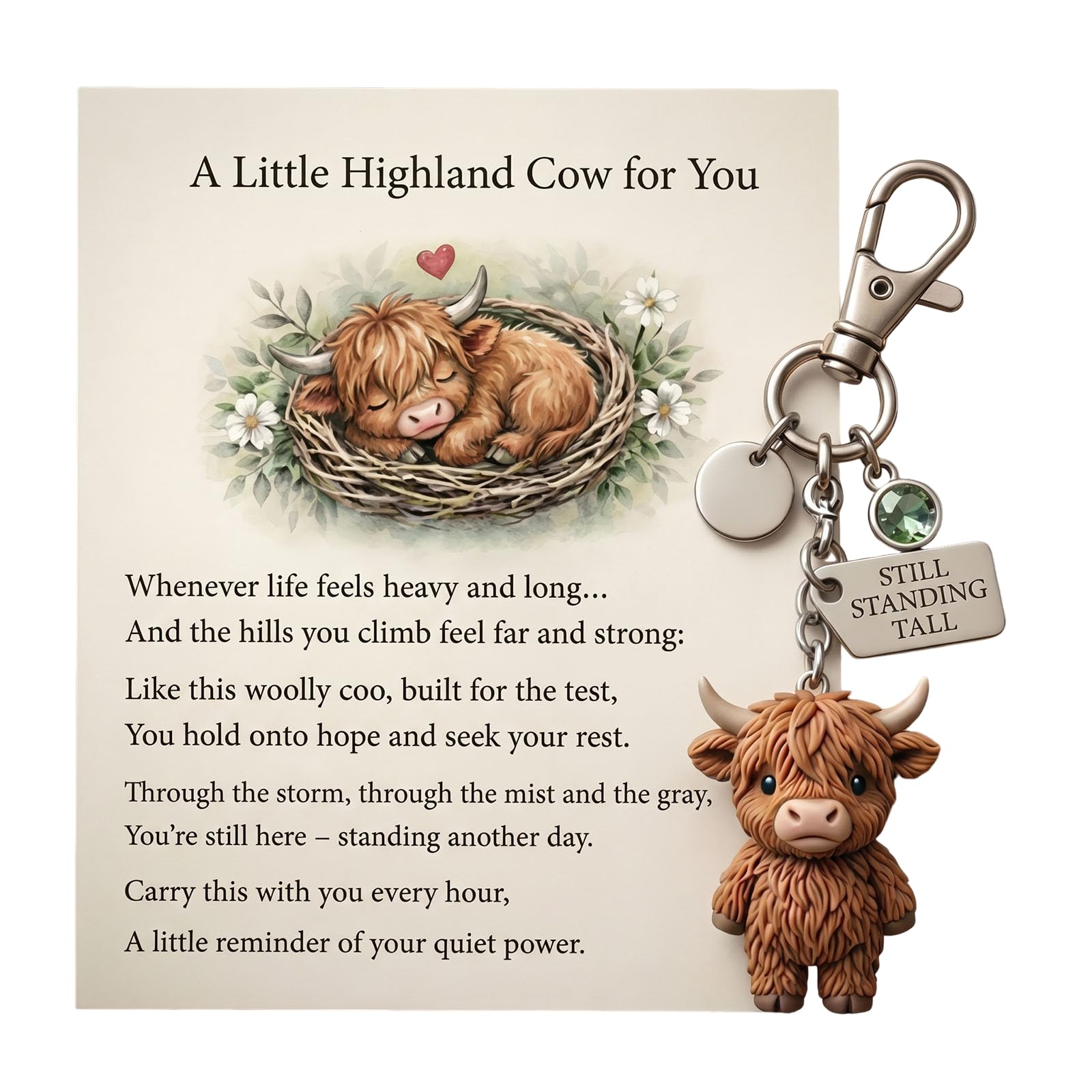 A Little Highland Cow For You Keychain: Your Daily Reminder of Quiet Strength, Cute 3D Resin Tiny Cow Keychainwith Birthstone & Sentiment Card for Women, Friends Family — view 9