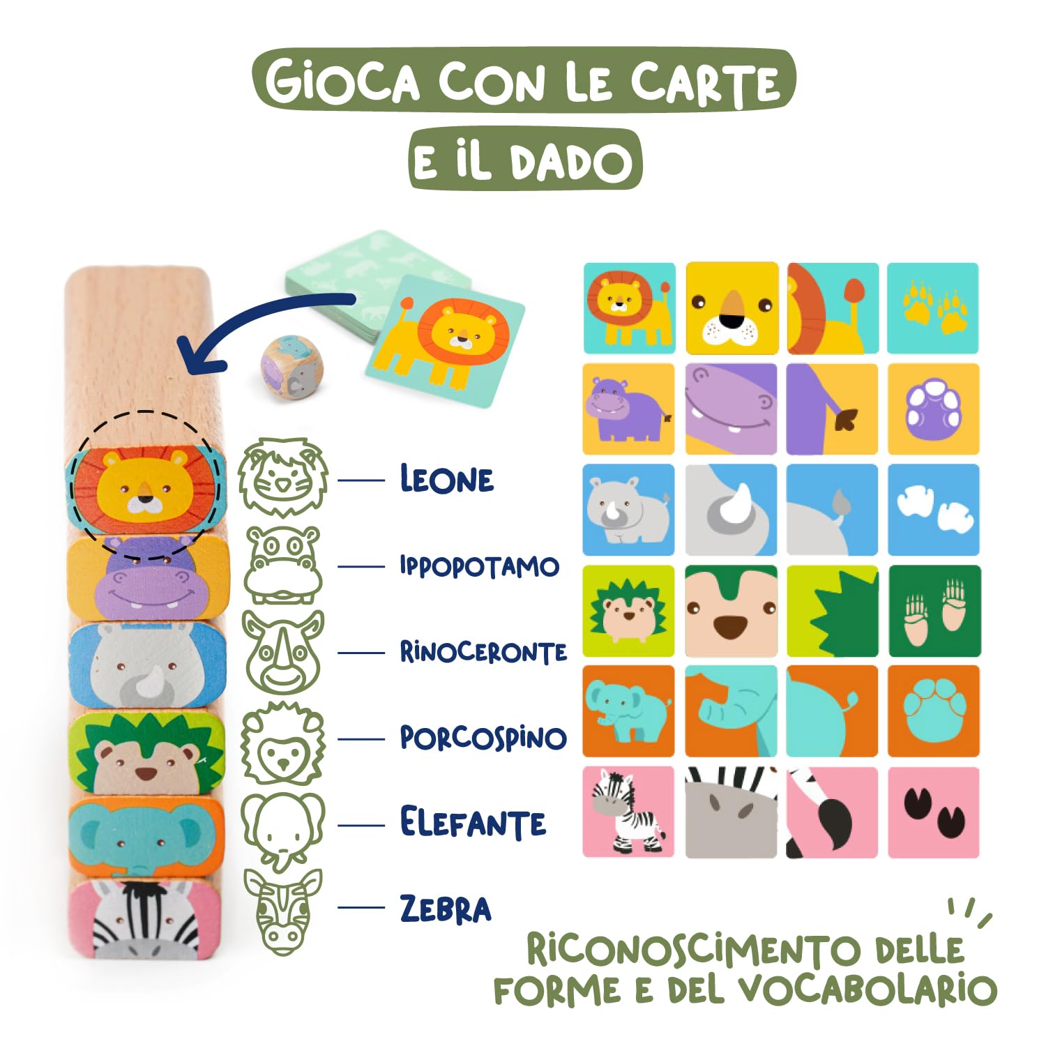 Nene Toys Gioco Costruzioni Legno con Blocchi – Gioco da Tavolo 4 in 1 con Blocchi di Legno, Carte e Dadi – Gioco Montessori Educativo Safari per Bambini dai 3 ai 9 Anni sugli Animali