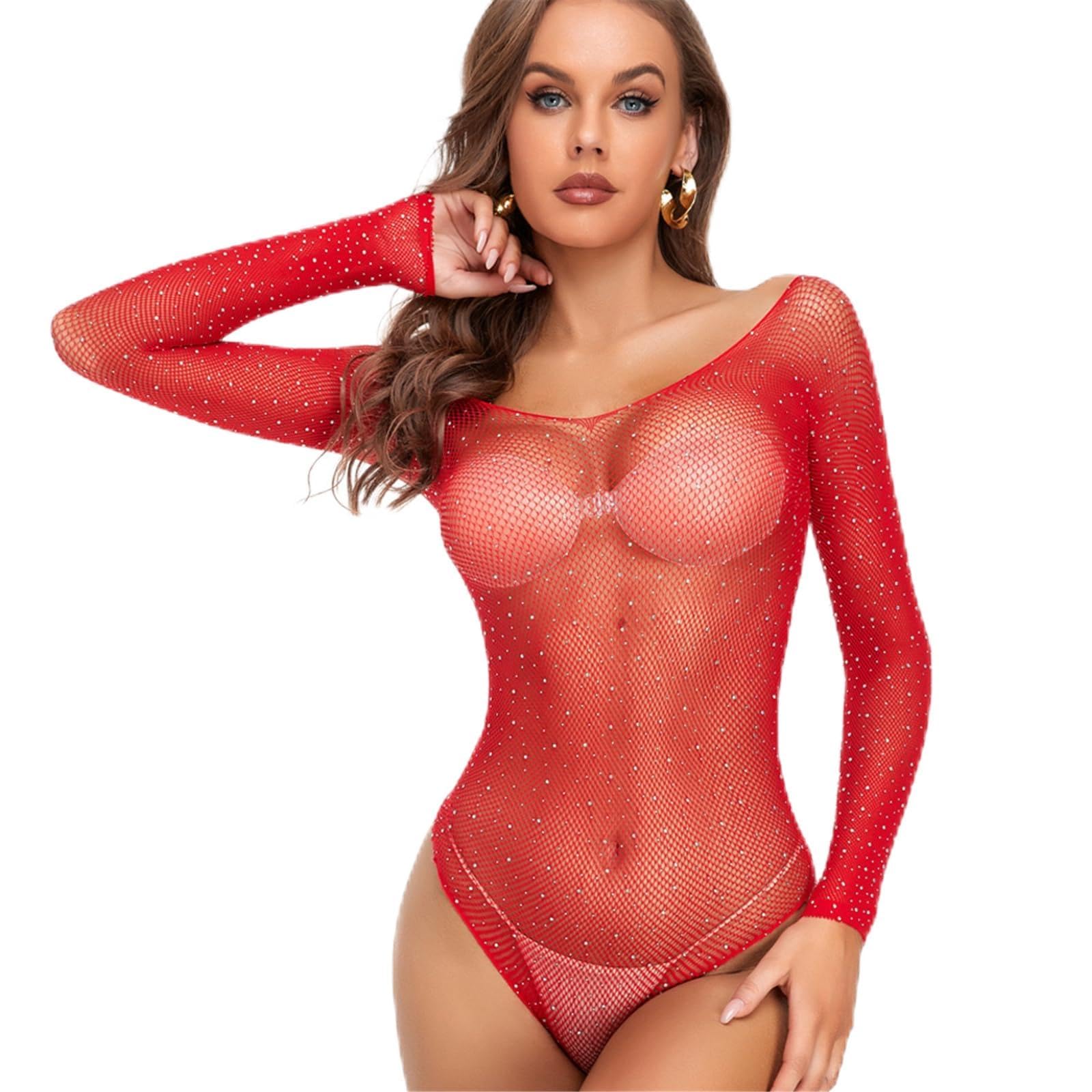 amangul Women Rhinestones Fishnet Long Sleeve Bodysuit Sparkling Hollowed Out Sheer Mesh Lingerie Jumpsuit Nightclub Outfits(Red)