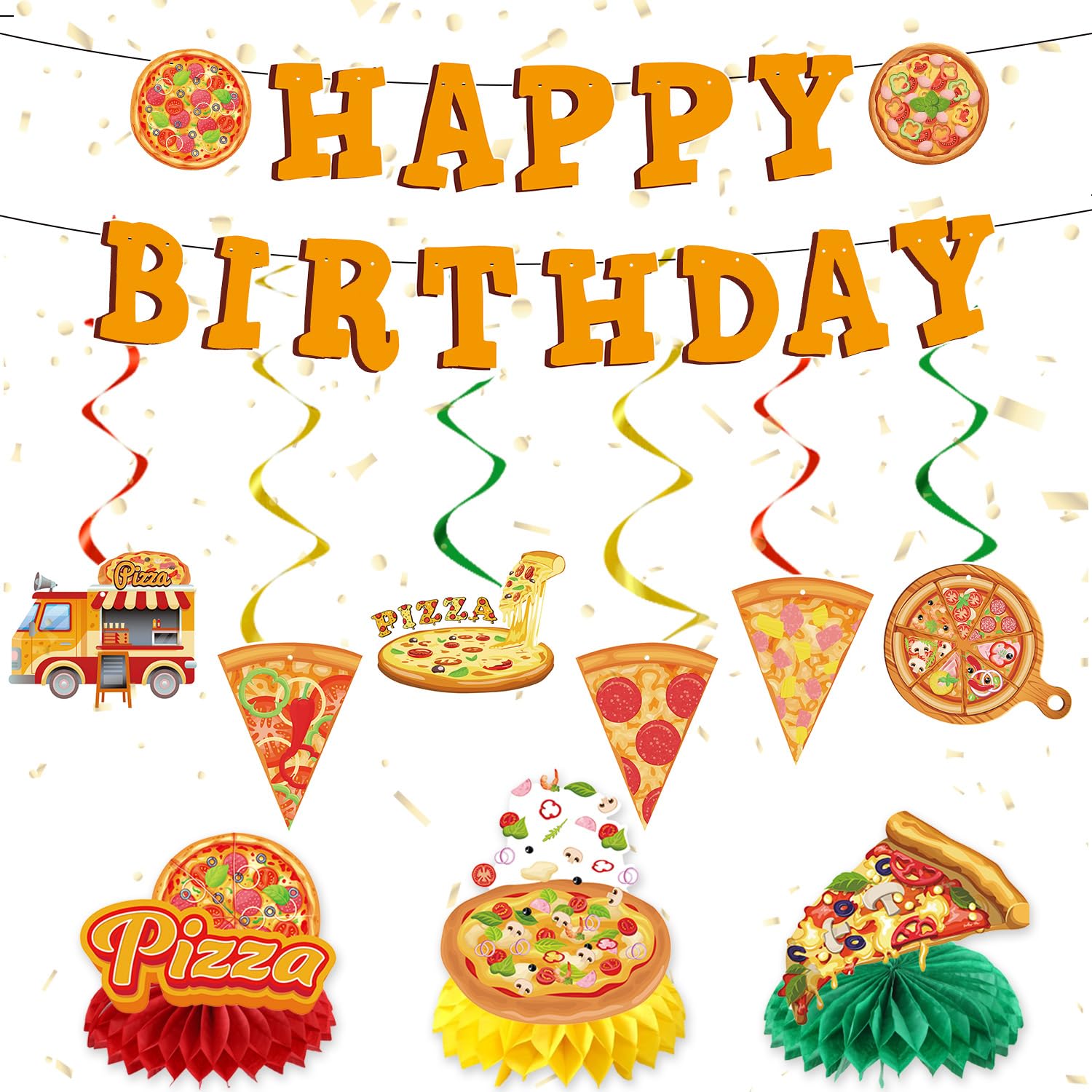 Refavor Pizza Birthday Party Decorations - 11PCS Pizza Happy Birthday Banners Hanging Swirl Honeycomb Centerpieces Table Decor Supplies