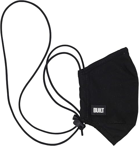 Miniatura 3 de BUILT Mascarilla facial de algodón lavable y transpirable con trabillas ajustables para las orejas, alambre de nariz y filtros PM2.5, color negro