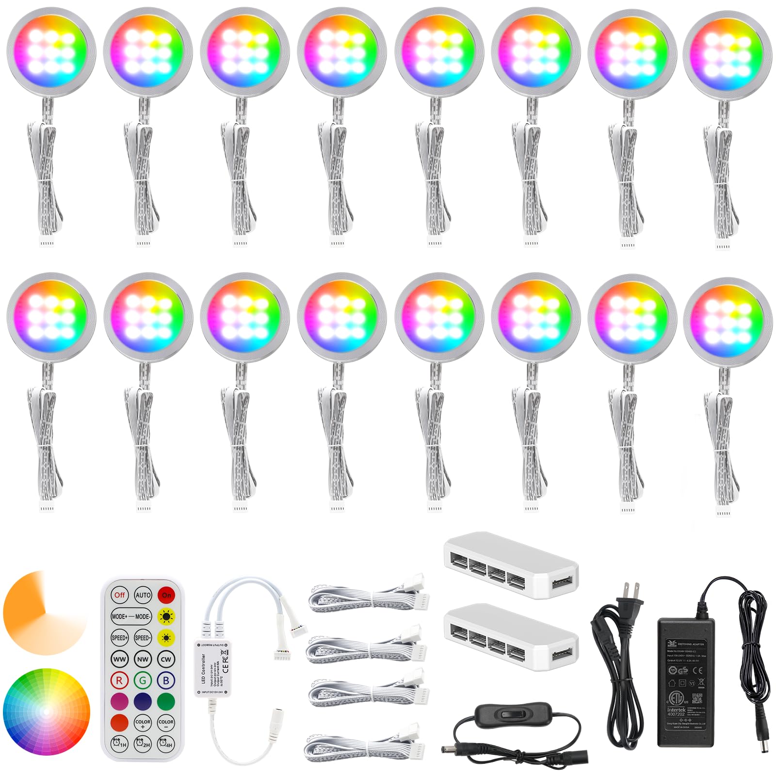 Photo 1 of AIBOO Under Cabinet Lighting Kit, 16 Pack Dimmable RGB and CCT LED Puck Lights with Timer Function, Wireless Remote Control, Linkable Design, Ideal for Kitchen, Living Room, and Display Shelves
