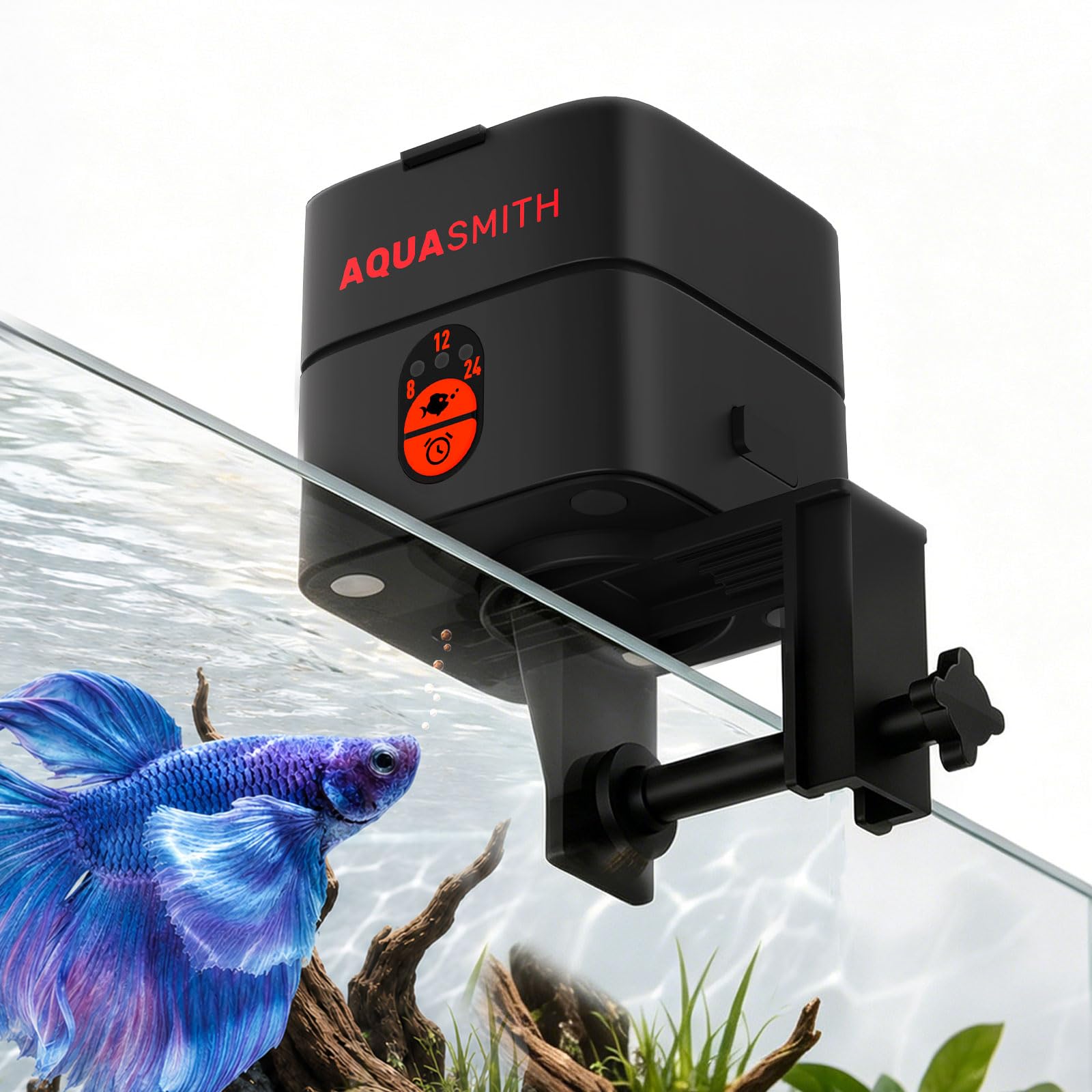 AQUASMITH Distributeur automatique de nourriture pour poissons avec minuterie pour une alimentation précise, capacité de 30 ml pour aquarium Betta de 1/2/5/10 gallons