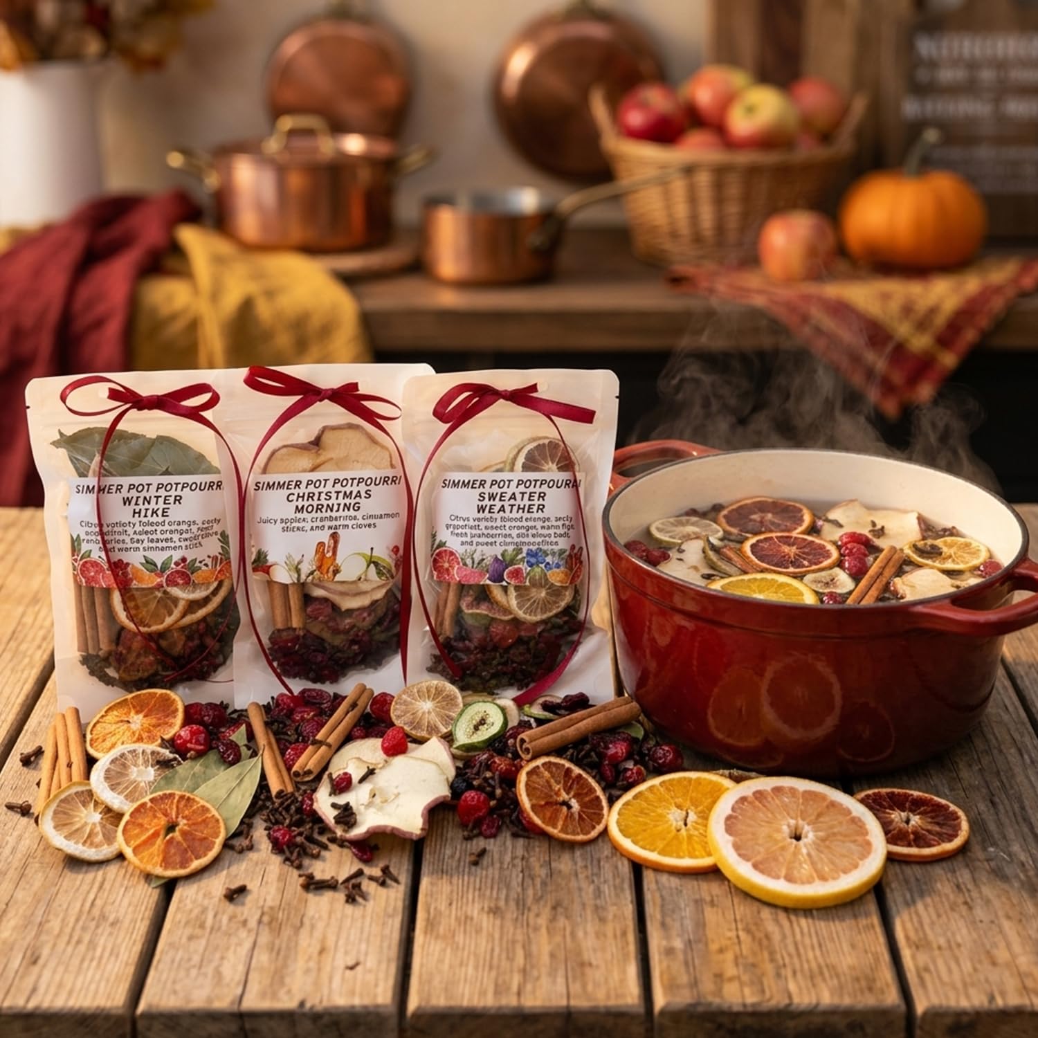 Simmer Pot Potpourri Kit – Confezione da 3 pentole naturali con fette di arancia essiccata, fette di mela, chiodi di garofano interi e bastoncini di cannella, fragranza autunnale e invernale per la