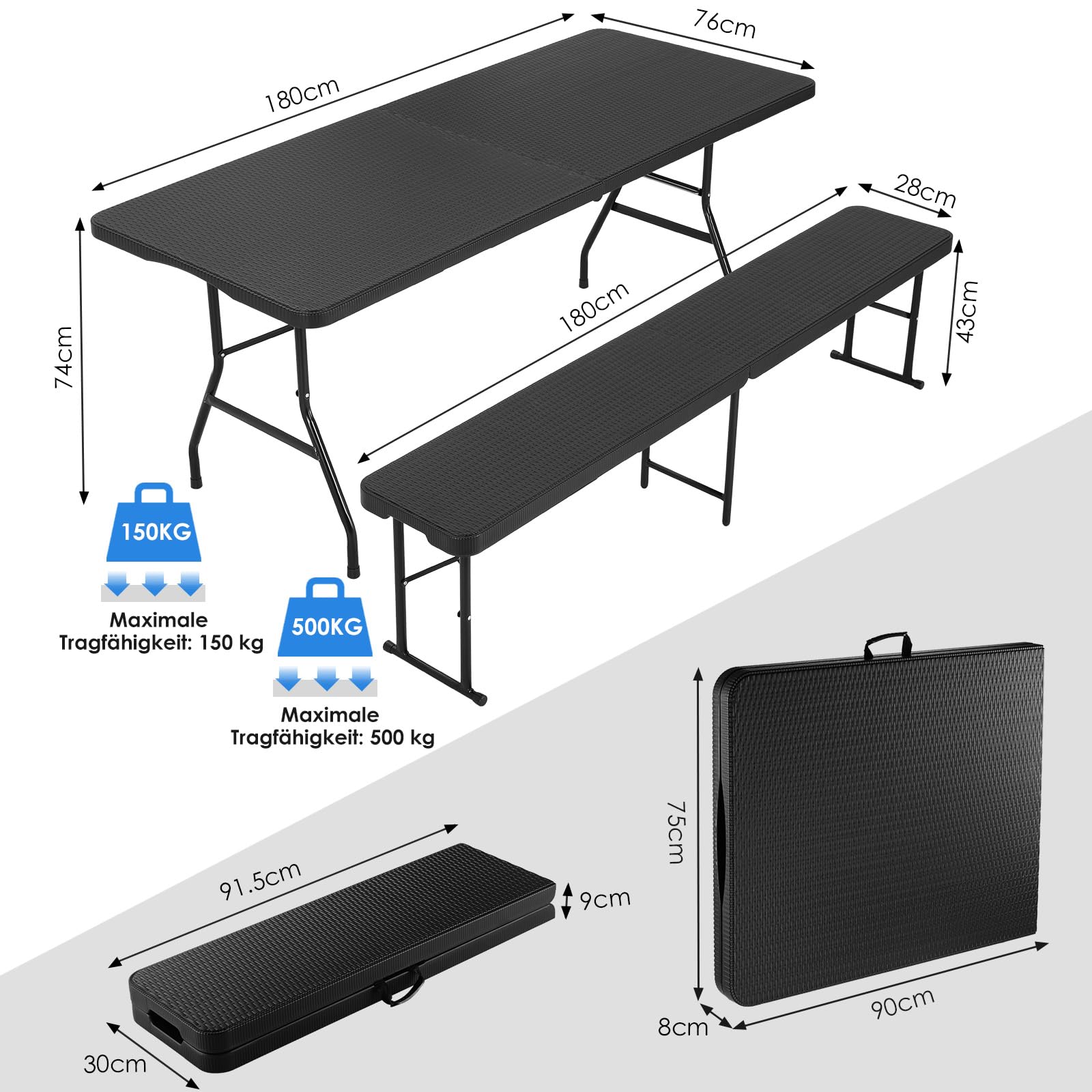 Ensemble Meubles de Jardin 180cm Inclure 1 Table Pliante et 2 pcs Bancs Pliable, Ensemble Table et Bancs de Jardin Plastique Imperméable HDPE,Table Camping pour Piquenique Réceptions, Rotin-Optique